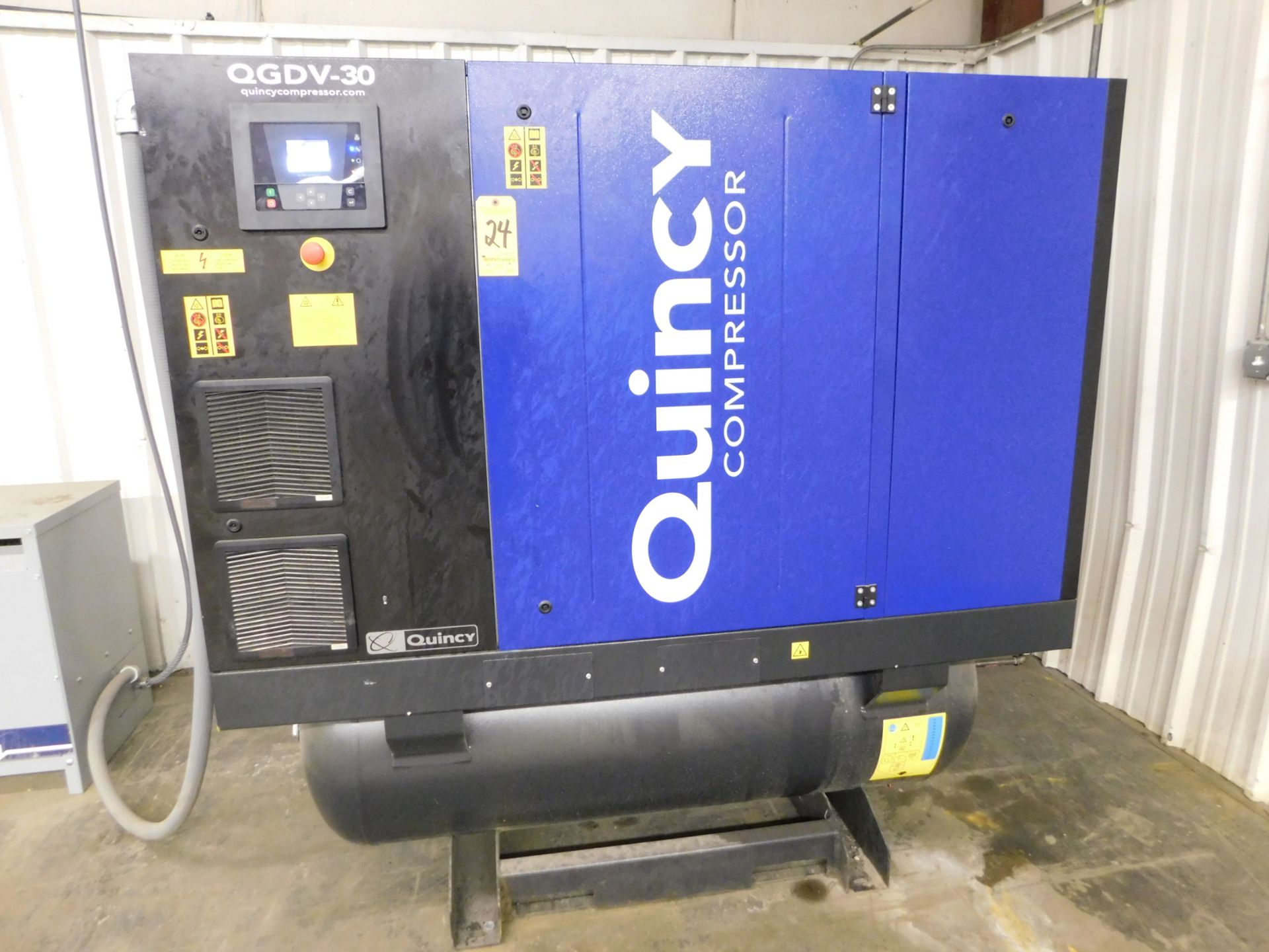 Quincy Model QGDV-30FF Tank-Mounted Rotary Screw Air Compressor, SN ITJ058394,30 HP, Built-in Air