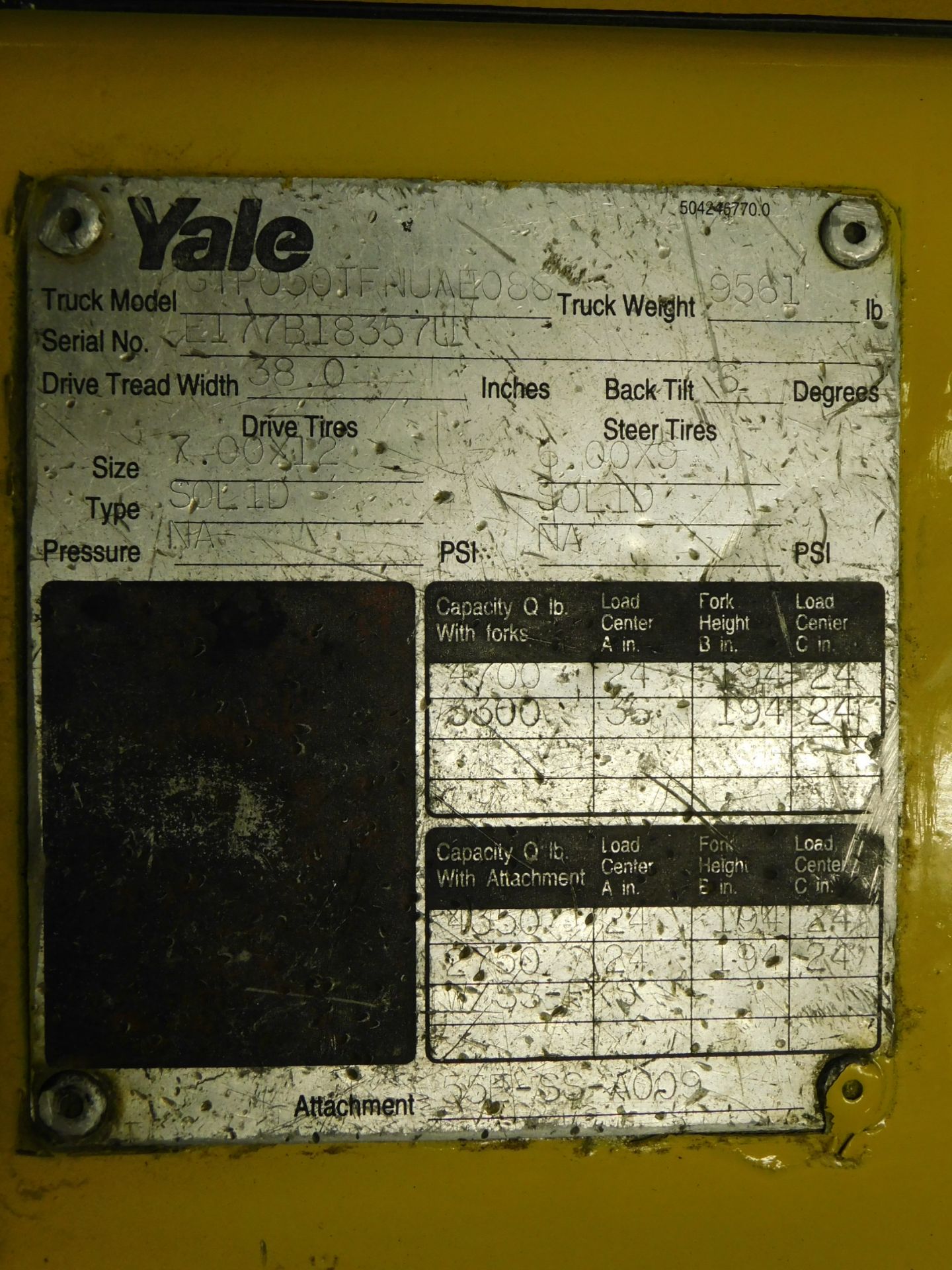 Yale Model GTP050JFNUAE086 Forklift, SN E177B18357U, 4,700 lb. Cap. LP, Solid Pneumatic Tires, 3- - Image 18 of 19