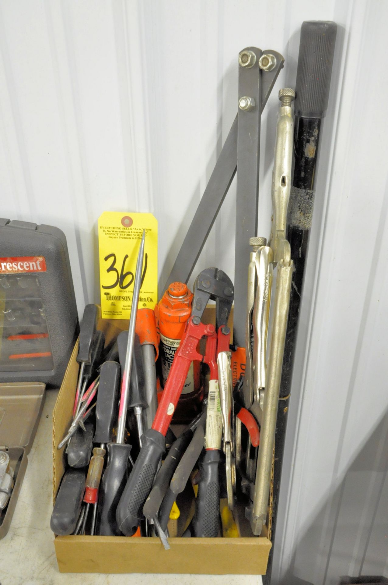 Lot-Asst'd Pliers, Hydraulic Jack, Small Bolt Cutters, Vise Grips and Adjustable Spanner Wrench