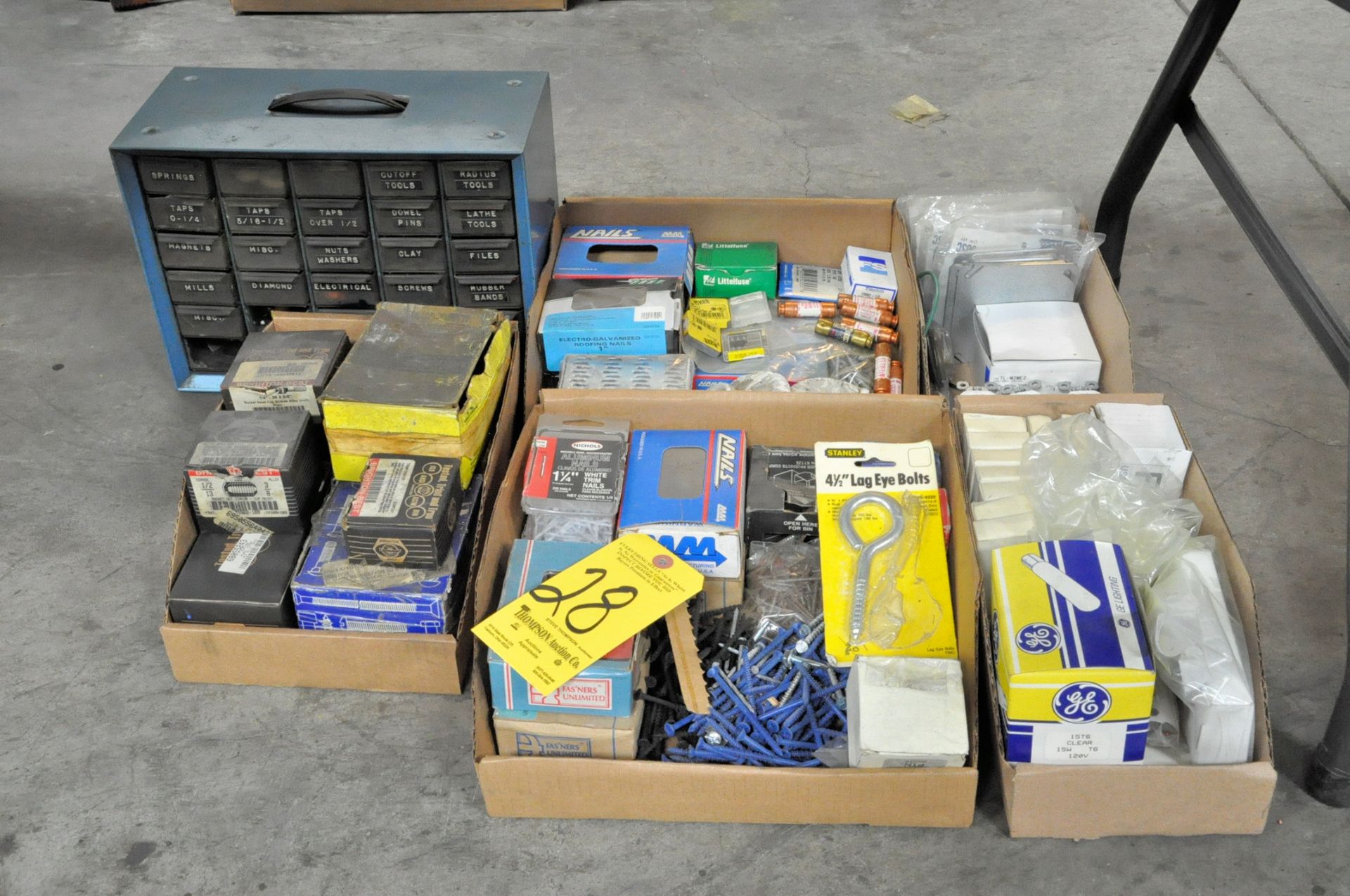 Lot-Screws, Nails, Light Bulbs, Fuses, Hardware, Misc. Electrical in (5) Boxes with Organizer