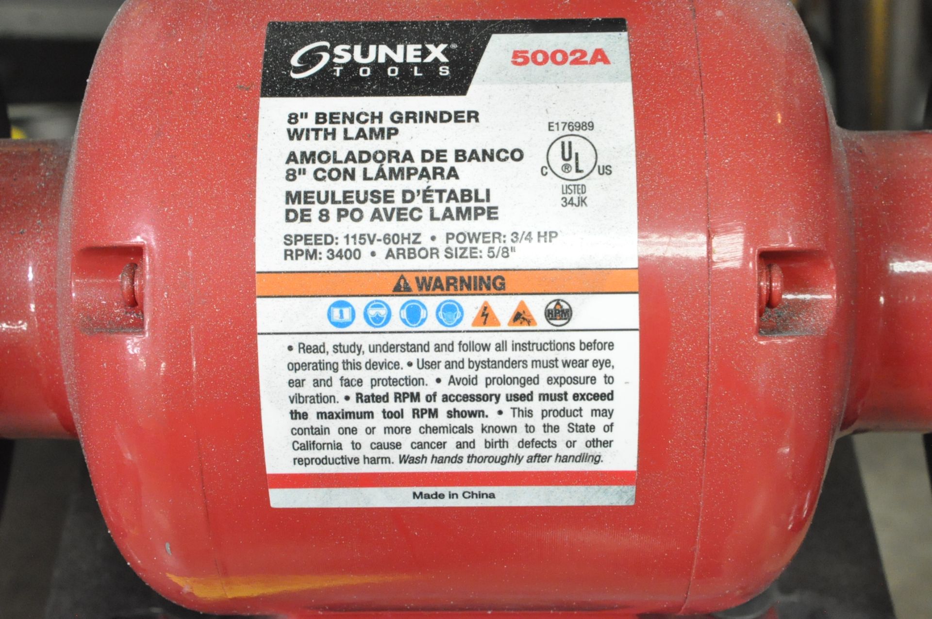 Sunex Model 5002A, 8" x 3/4-HP Double End Pedestal Type Grinder, s/n E176989, Work Light, 1-PH - Image 2 of 2