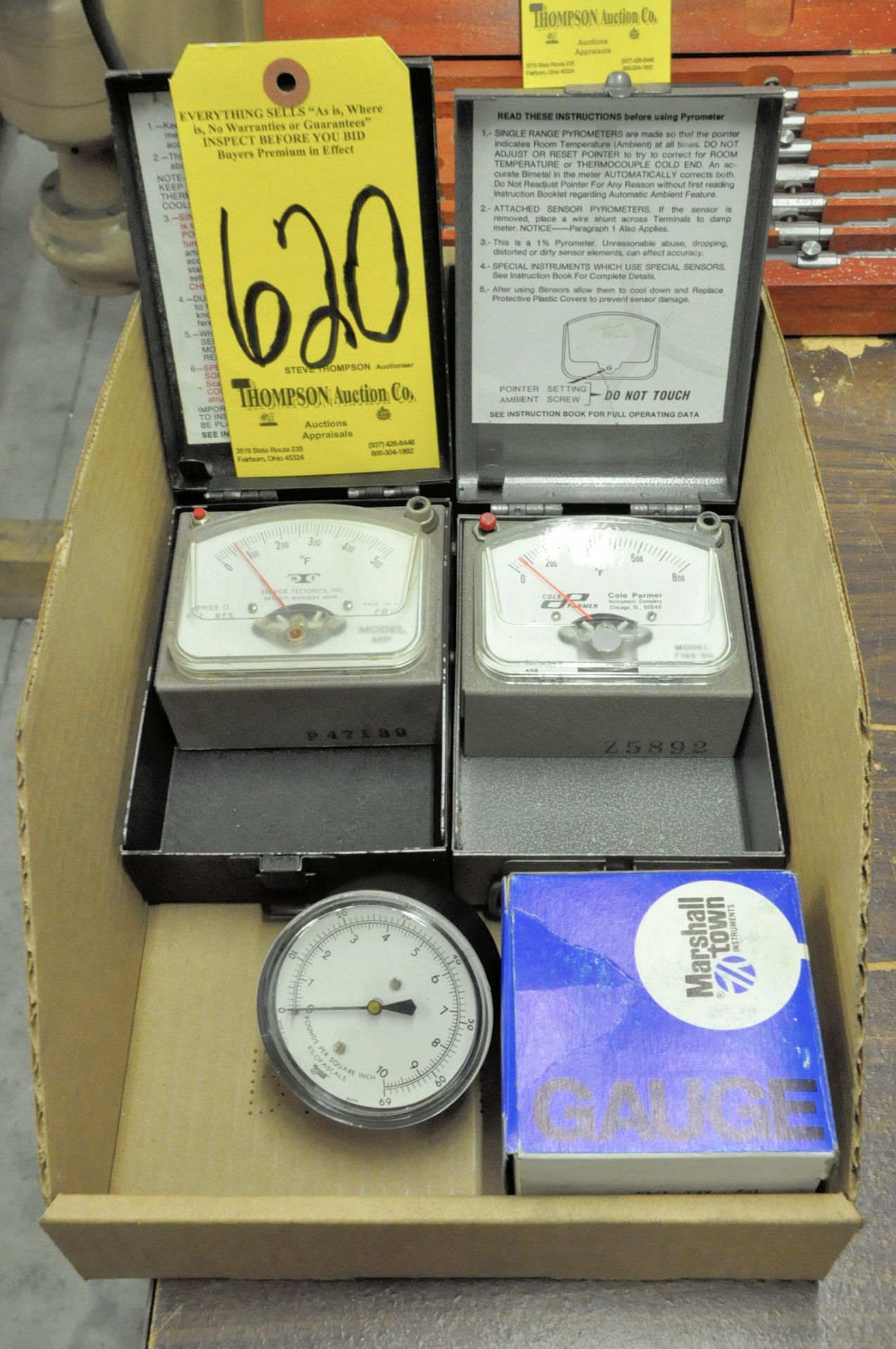 Lot-(1) Cole Parmer and (1) STI Pyrometers and (1) Marshall Town Pressure Gauge in (1) Box