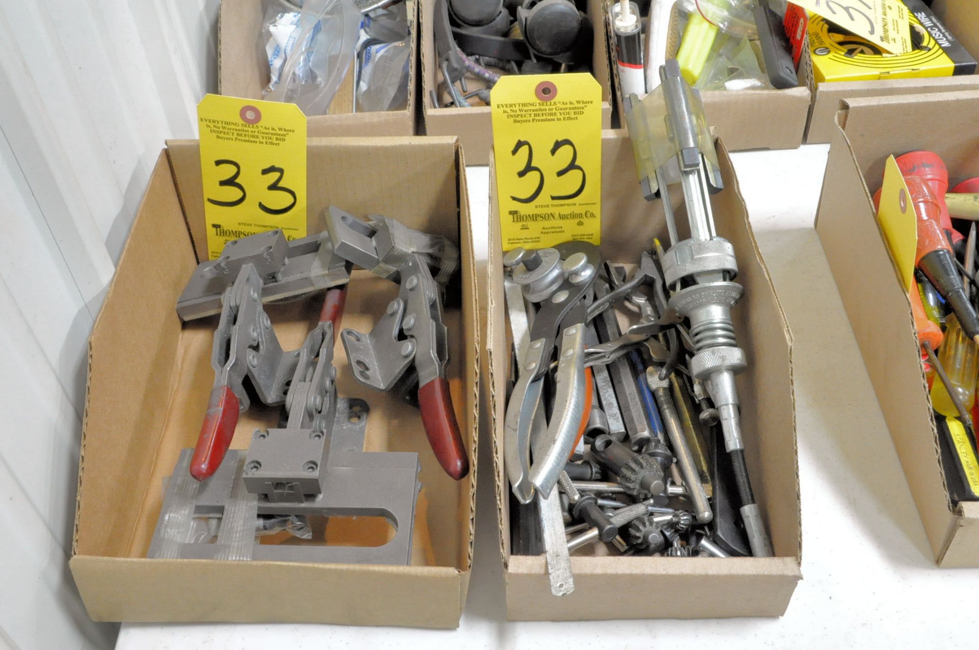 Lot-Manual Hone, Pliers, Chuck Keys, and Destaco Clamps in (2) Boxes