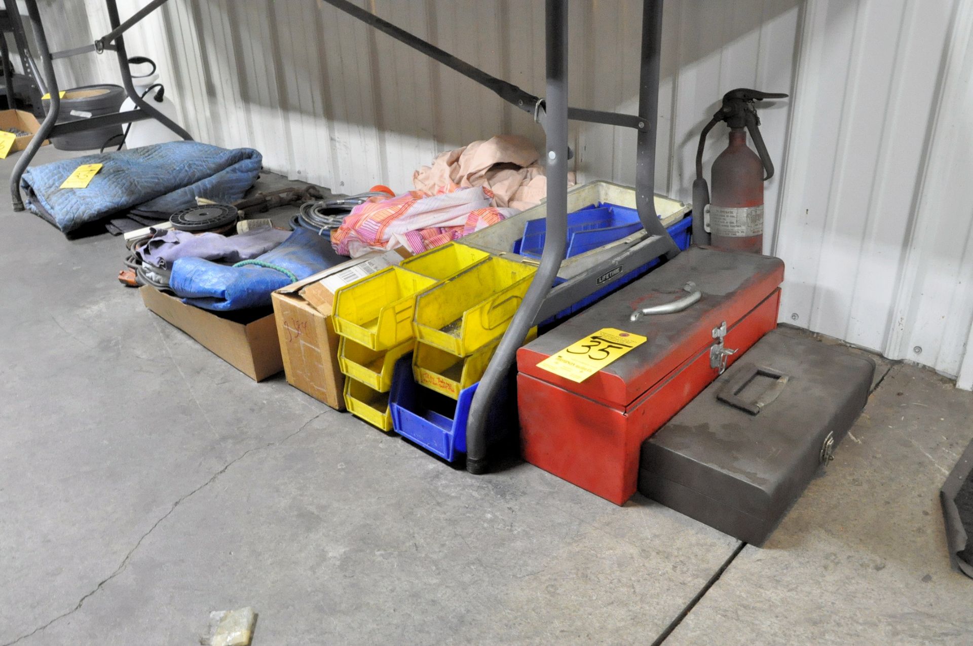 Lot-Hand Tote Tool Boxes, Plastic Parts Bins, Tarps, Extension Cords, etc., Under (1) Table, (