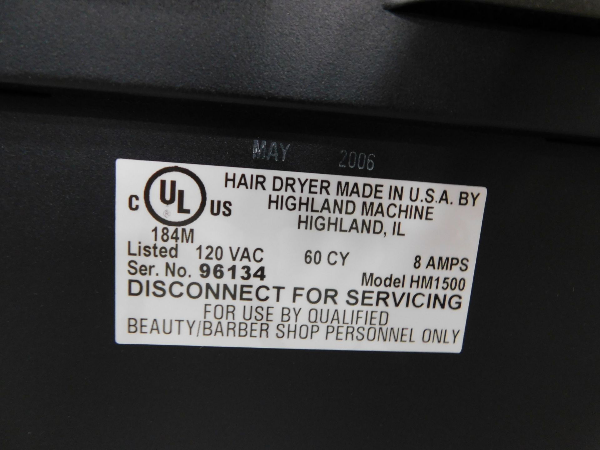 Highland Model HM1500 Commercial Hair Dryer, s/n 96134 - Image 5 of 5