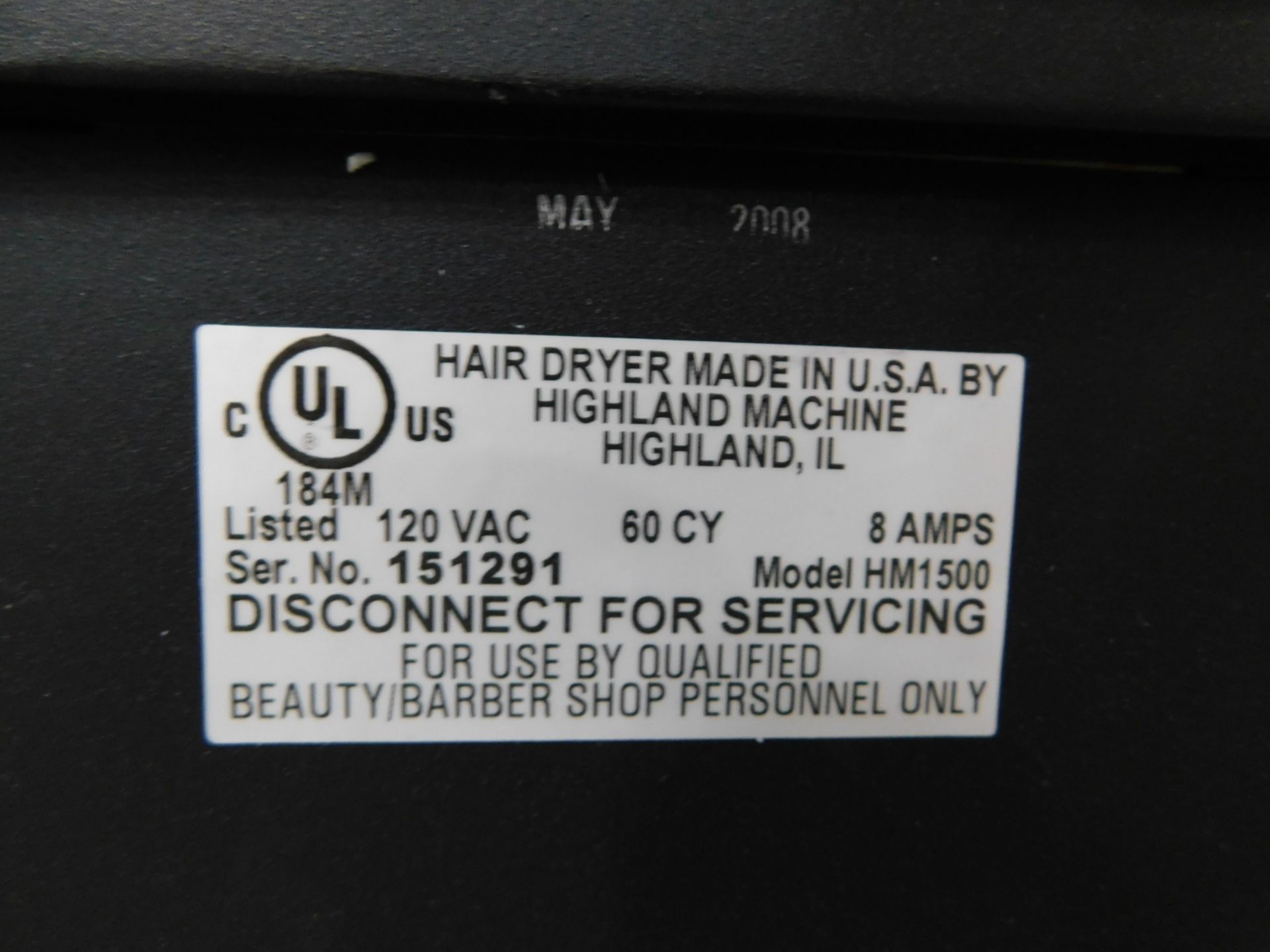 Highland Model HM1500 Commercial Hair Dryer, s/n 151291 - Image 6 of 6