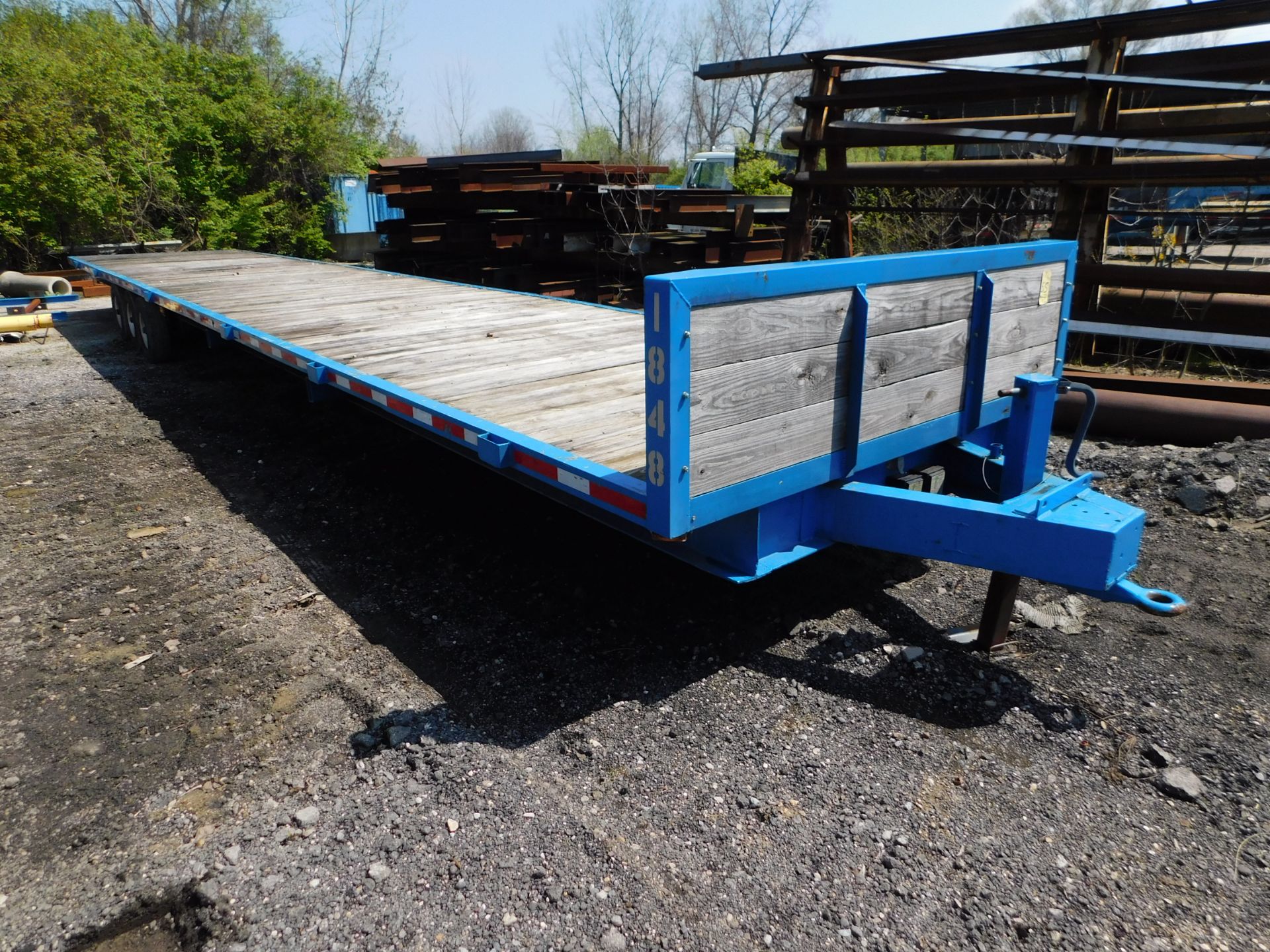 8' x 40' Flat Bed Tongue Pull Trailer, Wood Deck, Tri-Axle, 6-Wheels, Pintle Hitch