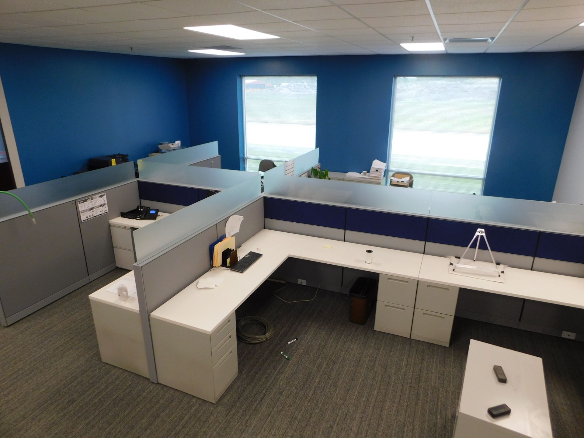 4 Workspace Office Cubical, Complete with Desks and Filing Cabinets