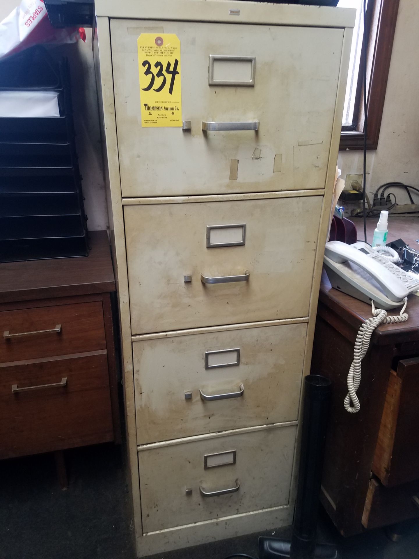 (3) 4-drawer and (1) 2-drawer file cabinets, fax machine, metal desk, and wood credenza. - Image 3 of 4