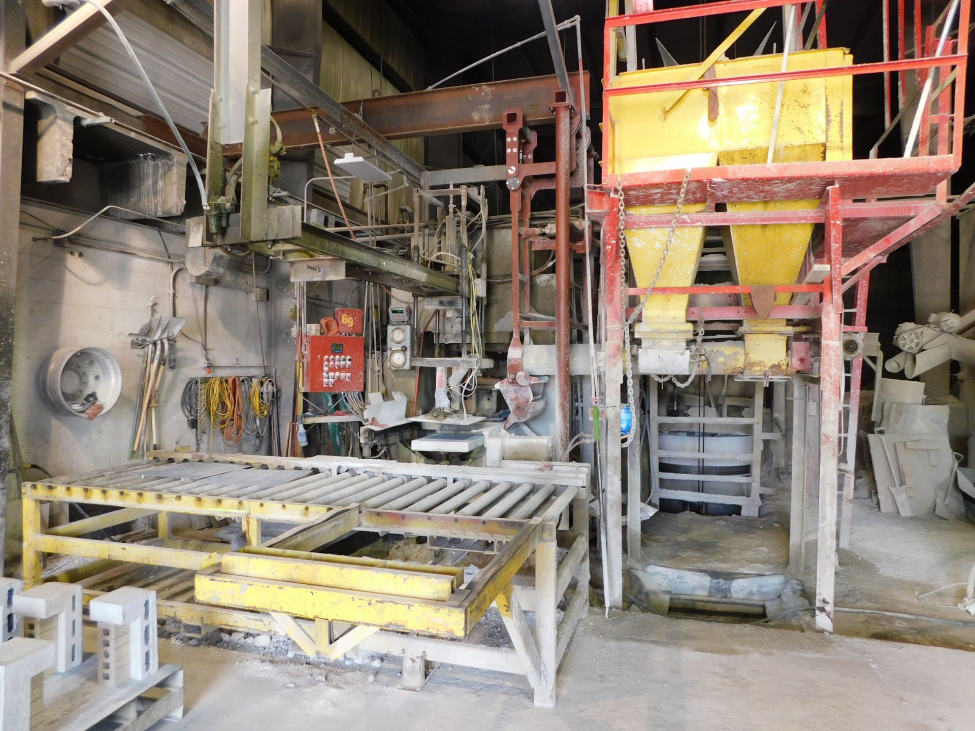 Fielding 100-Ton Hydraulic Press with Fielding Concrete Mixer, Bins, Conveyors, and Silo