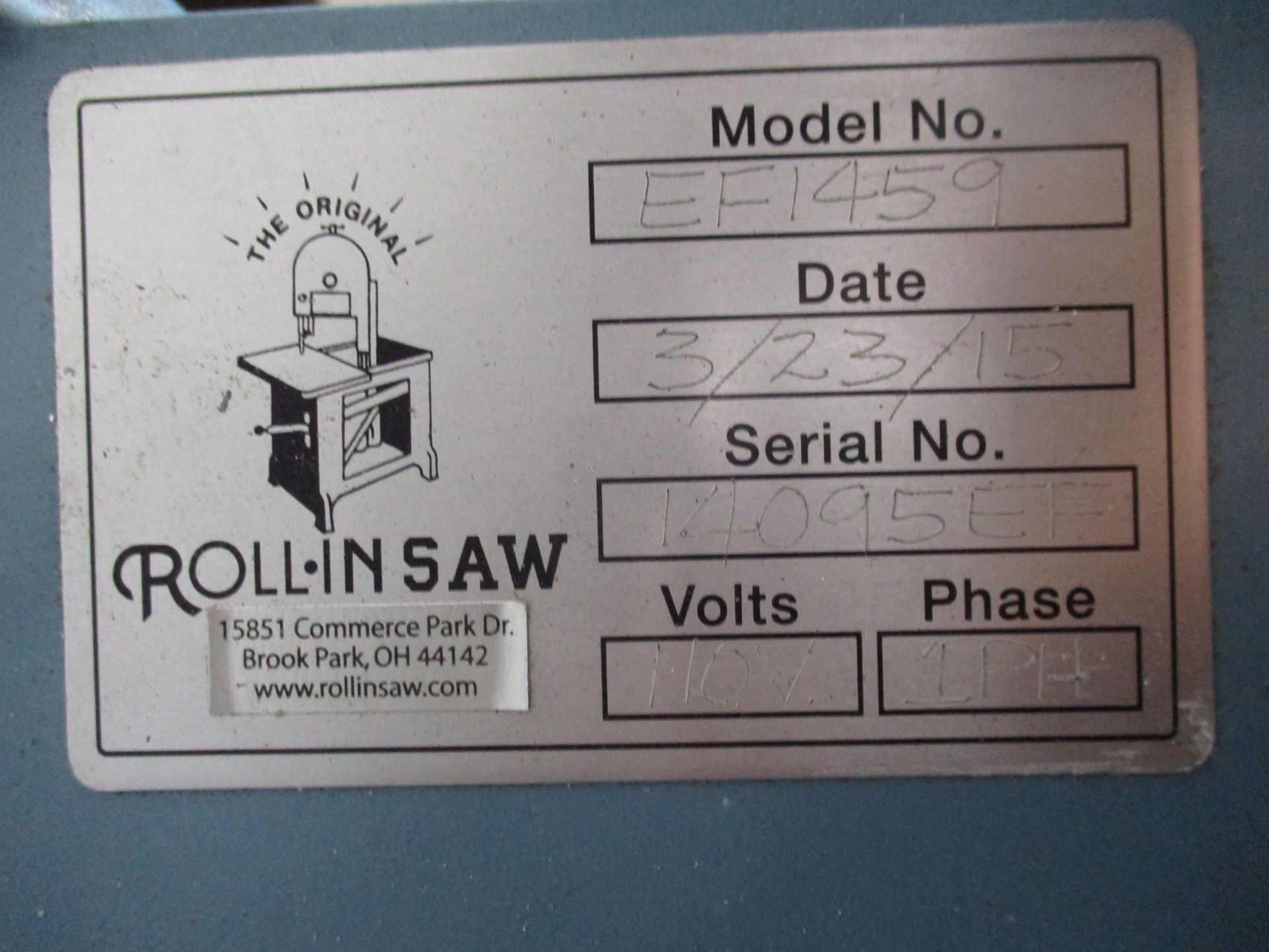 Roll-In Model EF1459 Universal Band Saw, 1" Blade, s/n 14095EF, New 2015, 110/1/60 AC, Loading $50 - Image 3 of 3