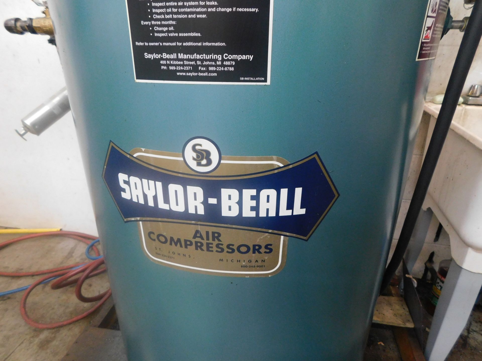 Saylor-Beall 5 HP Tank-Mounted Vertical Air Compressor, SN 5-128-M12, 230V, 3 phs., 80 Gallon Tank - Image 3 of 7