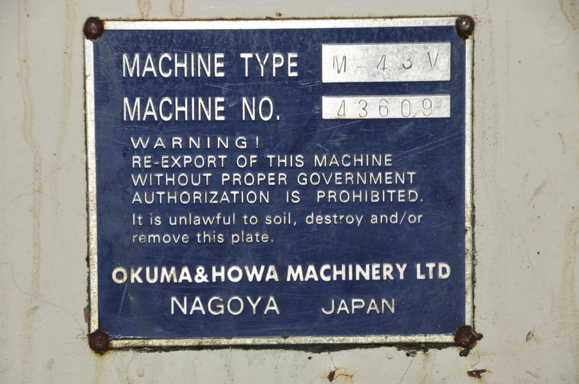 Okuma & Howa Model 43V CNC Vertical Machining Center, S/n 43609, Fanuc OM CNC Control, 40-Taper, - Image 5 of 5