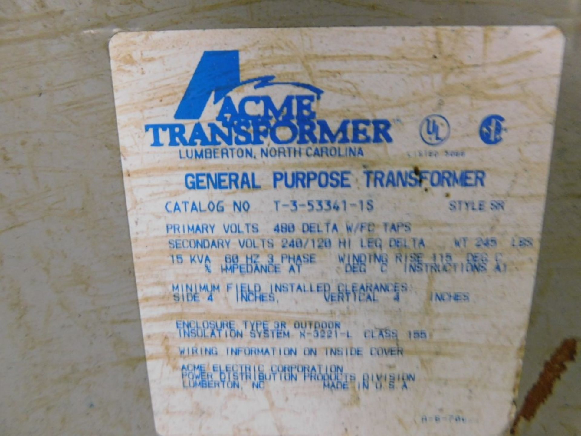 Acme 15 KVA Transformer, 480/240 Volt - Image 2 of 3