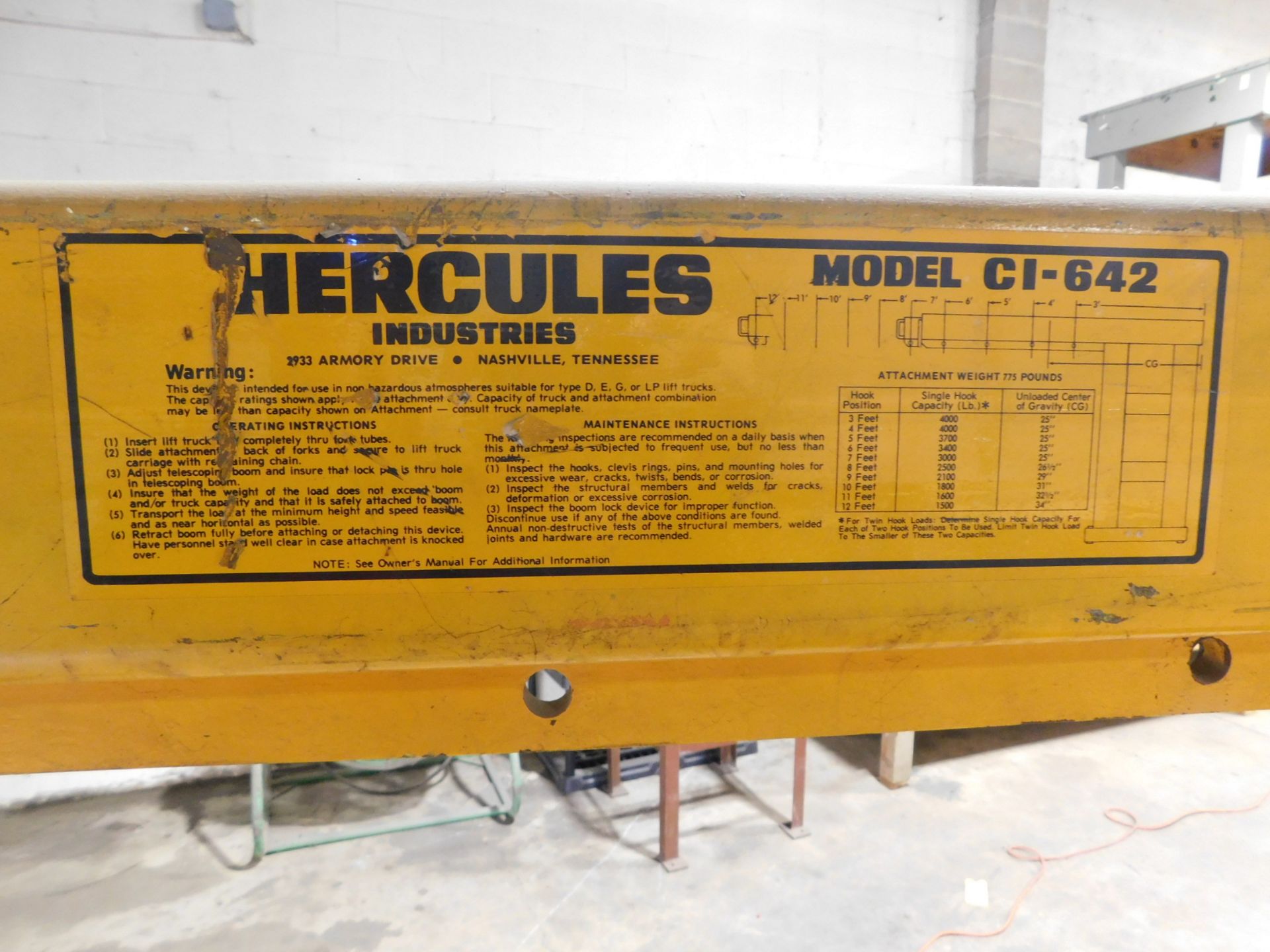 Hercules Model C1-642 Forklift Boom, Extendable Boom Arm, 4,000 lb. Cap. at 3', 1,500 lb. Cap at - Image 5 of 9