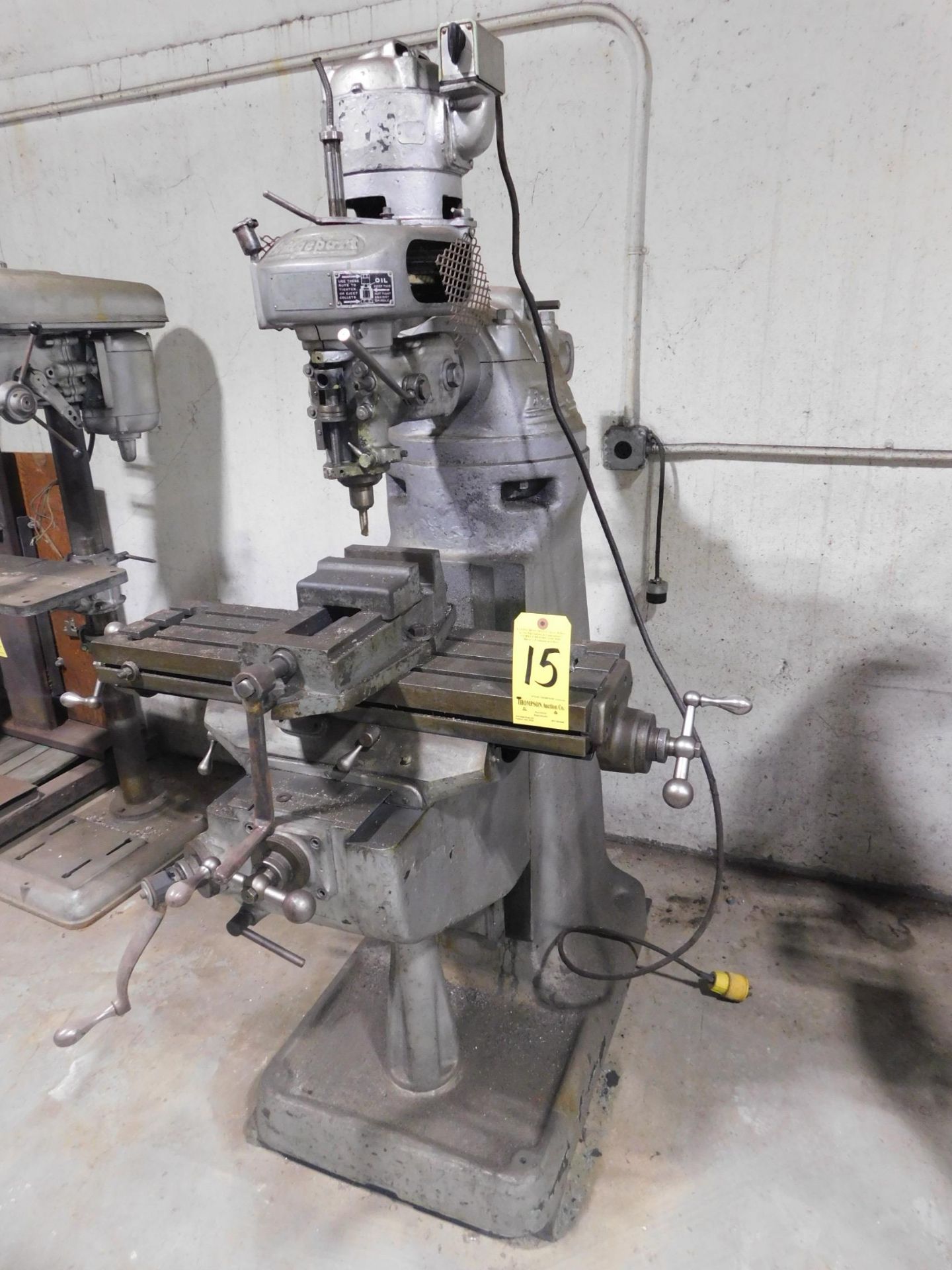 Bridgeport Round Overarm Vertical Mill, SN 11054, 9" x 32" Table, "M" Head, 2 MT Spindle, 6" Mill