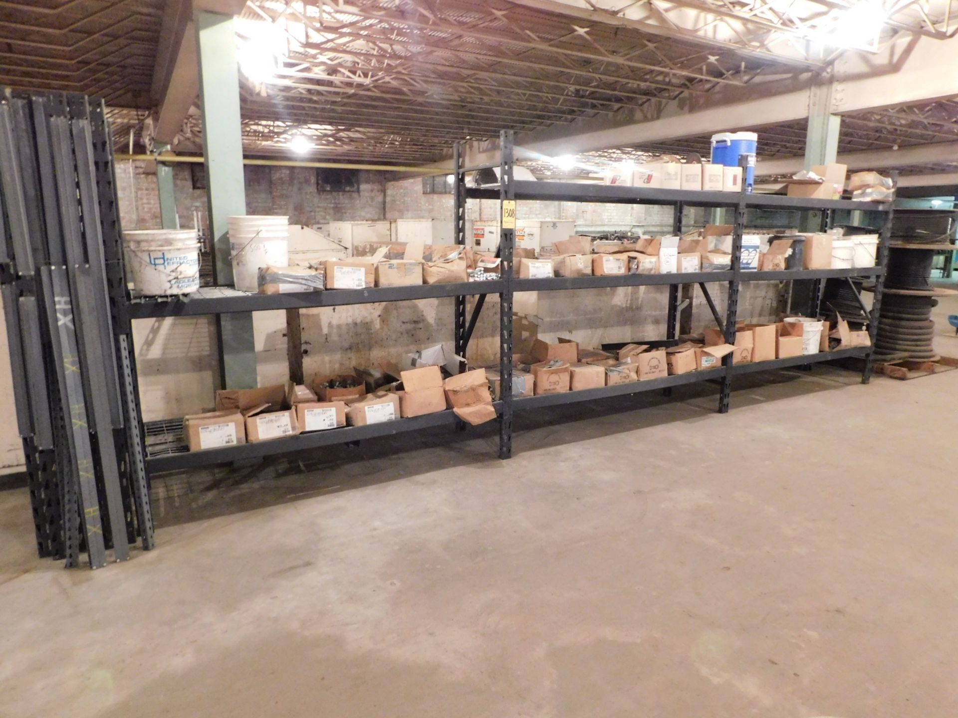 (3) Sections of Shelving and Contents, and Extra Shelving Uprights