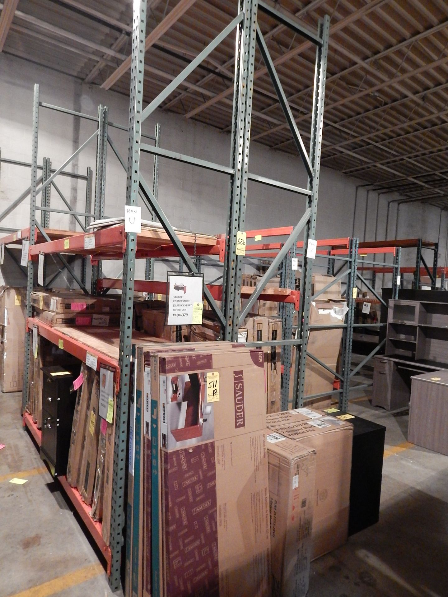 (4) Sections of Pallet Shelving, 12' T, 28" Deep, 8' Beams with Plywood Decking