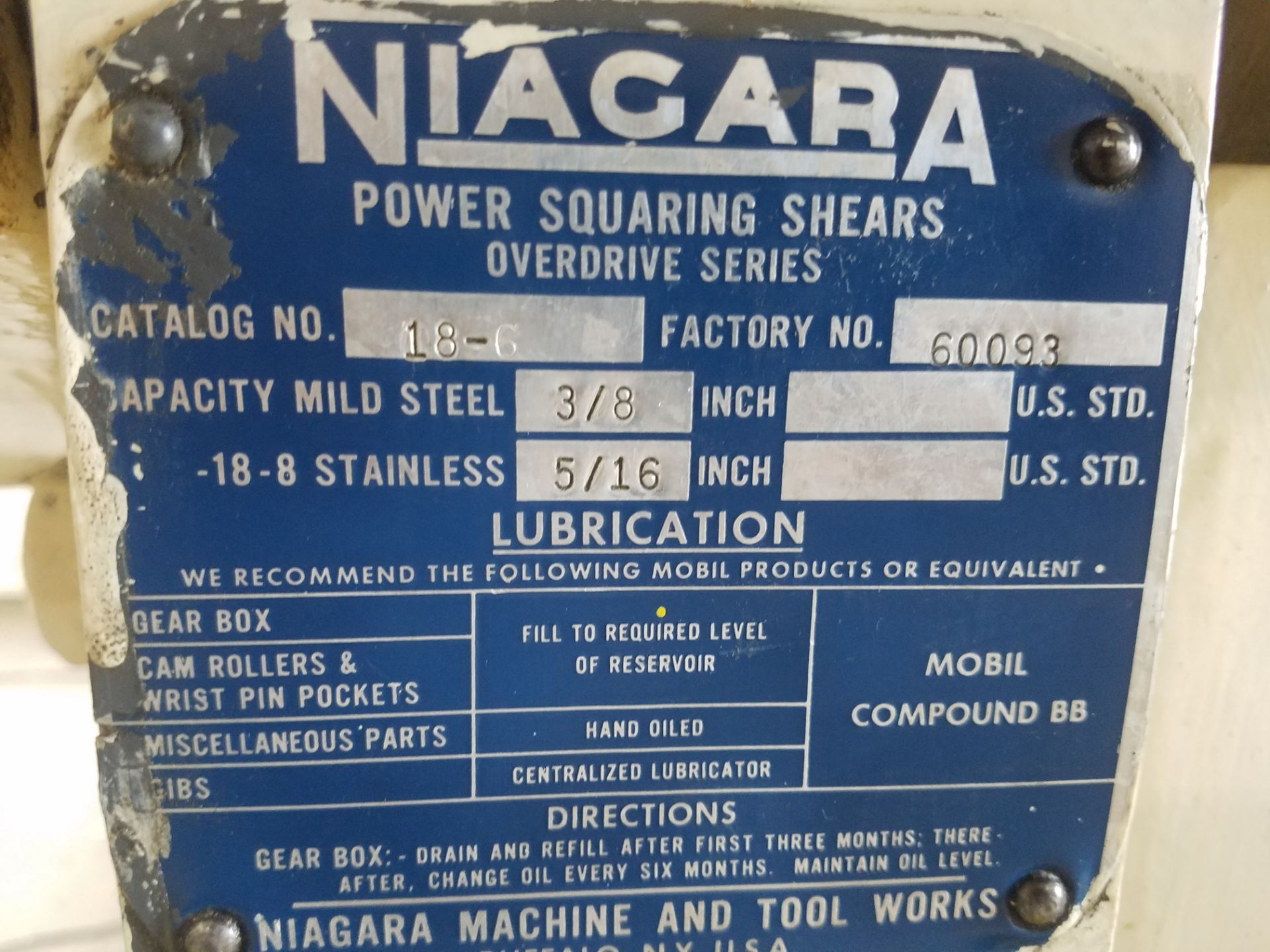 Niagara Model 18-6-3/8 Power Squaring Shear, s/n 60093, 6' X 3/8" Capacity, Front Operated Power - Image 4 of 5