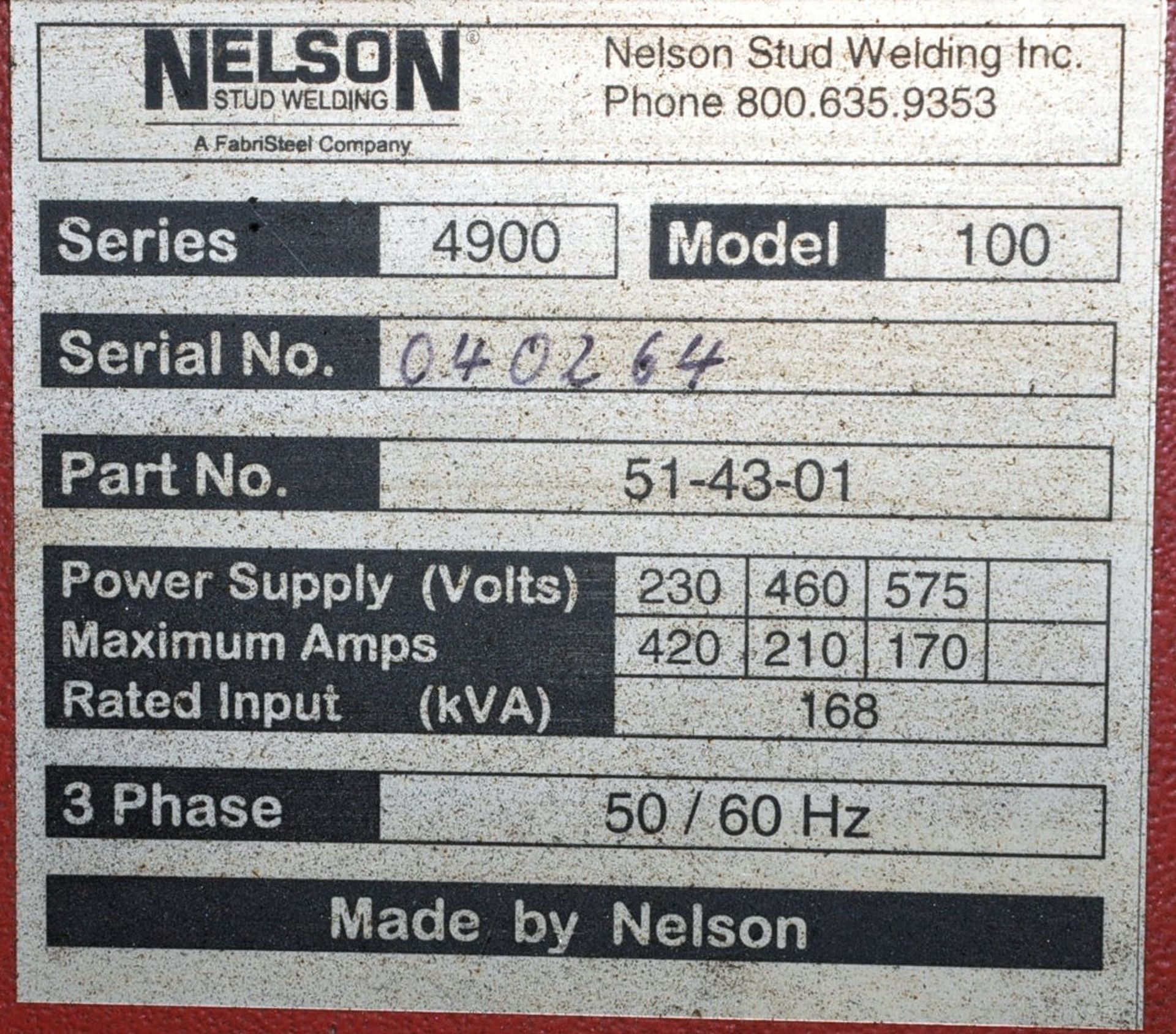 Nelson Series 4900, Model 100, Stud Welder, S/n 040264, with Gun and Leads, Portable - Image 2 of 2