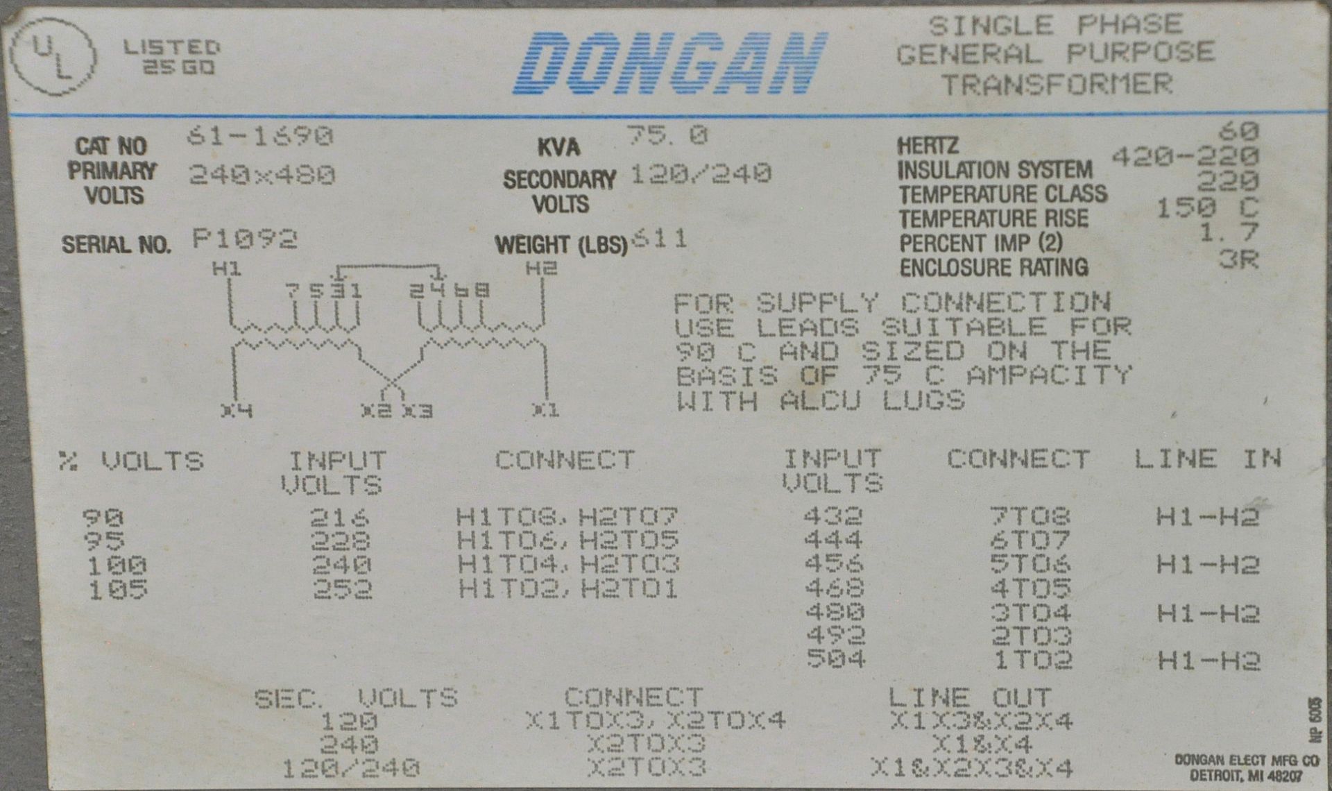 Dongan 75-KVA Transformer on (1) Pallet - Image 2 of 2