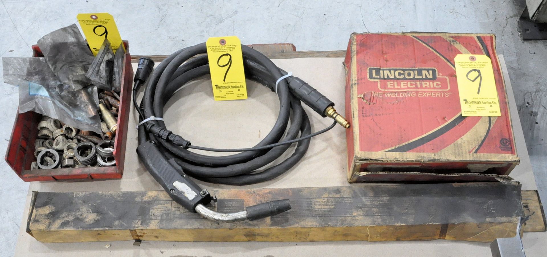 Lot-(1) Mig Welding Gun, (1) Partial Spool of Mig Wire and Various Welder Maintenance in (1) Bin