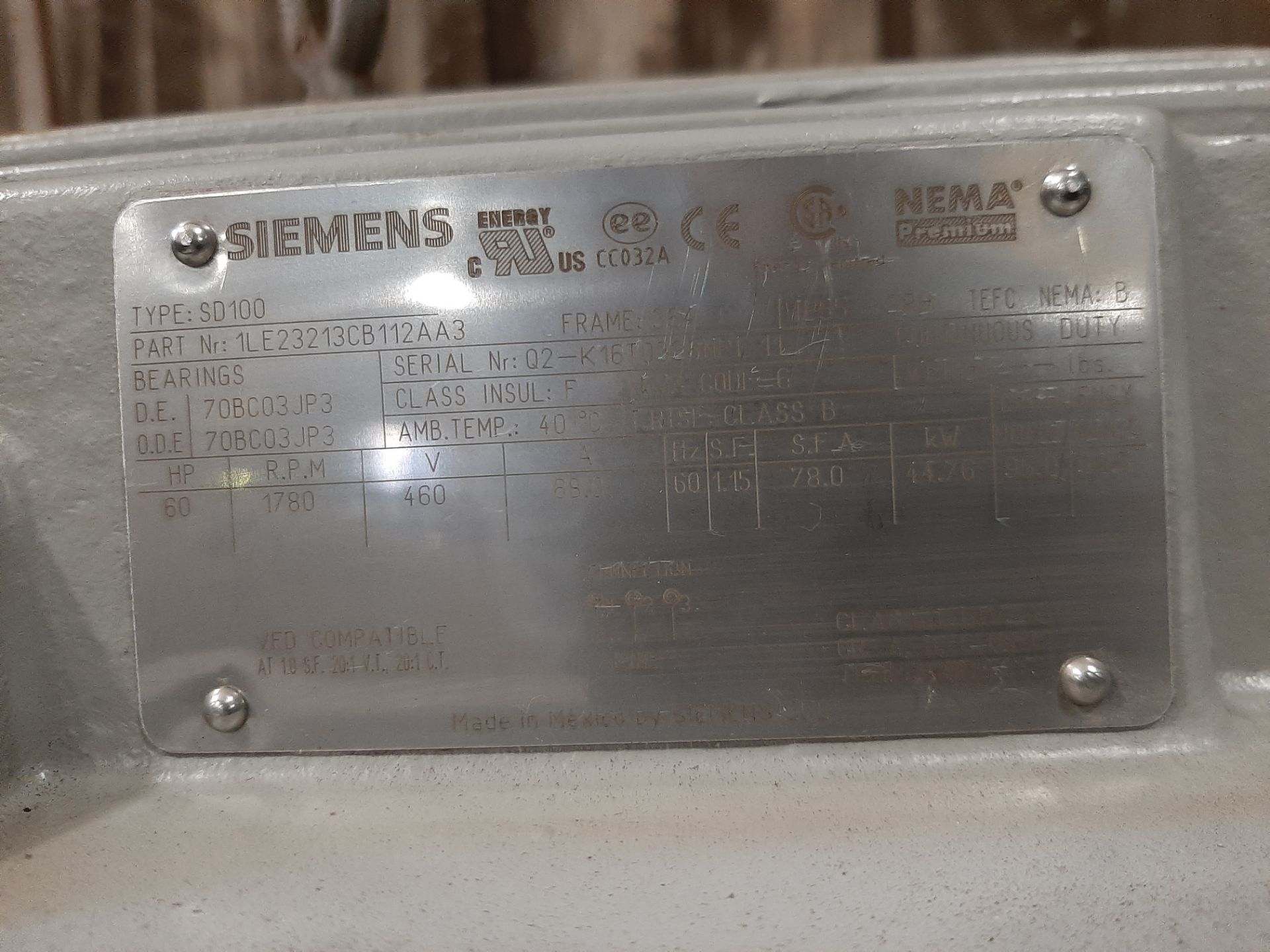 60 HP Siemens Motor, 3 Phase, 460V, 1,780RPM; Part #1LE23213CB112AA3, Rebuilt - Image 2 of 2