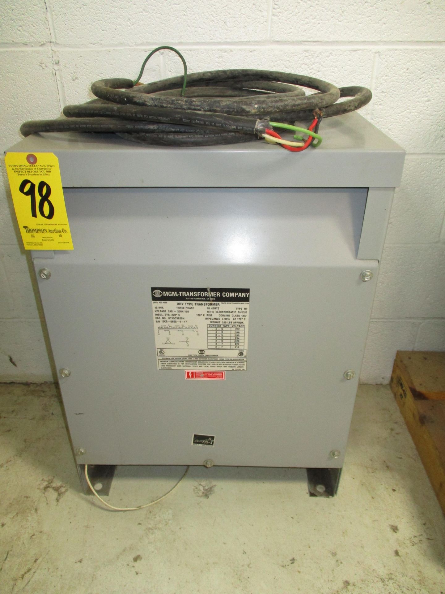 MGM 15 KVA Transformer, 3-Phase, Primary: 240V, Secondary:208-120V