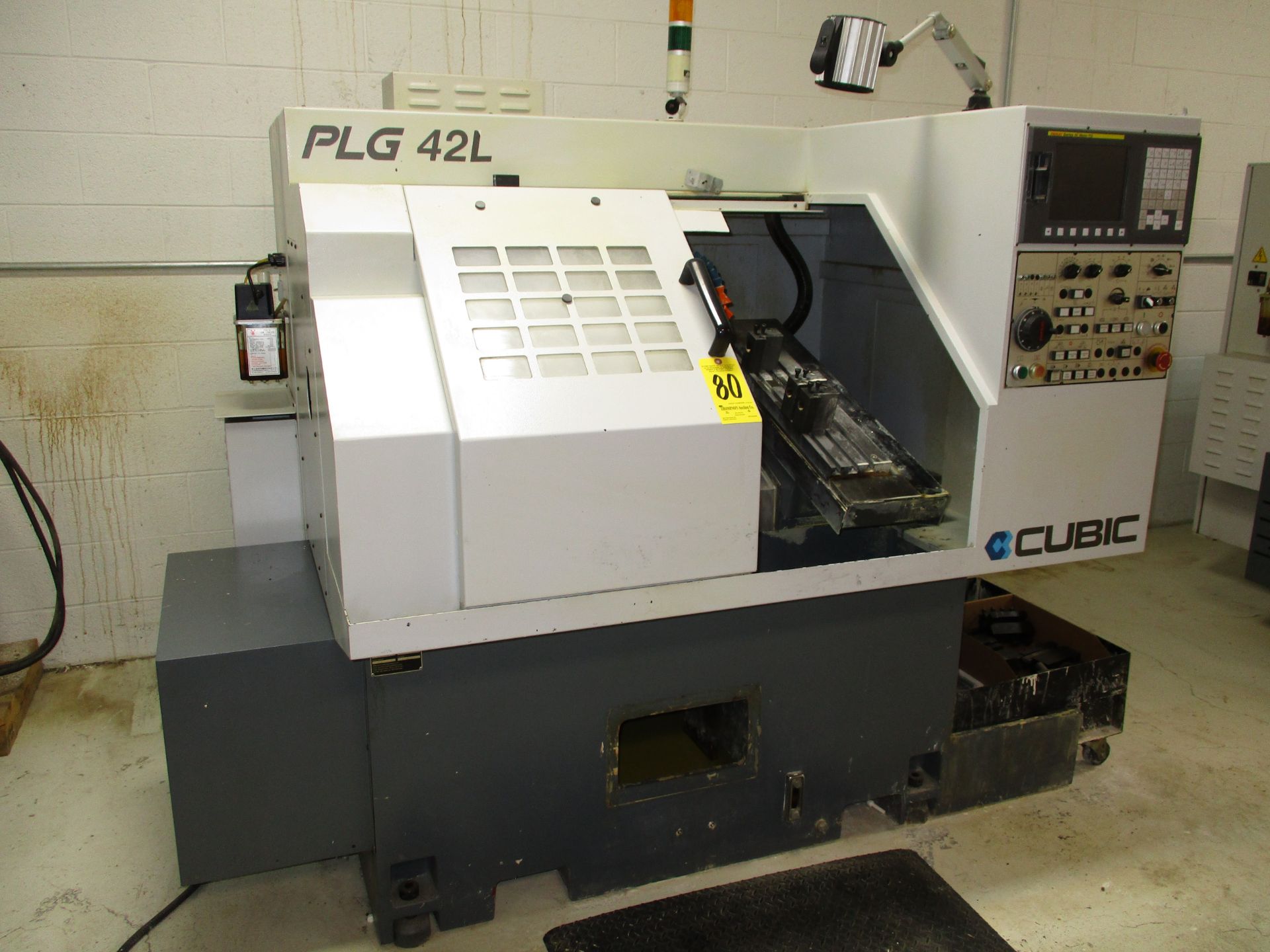 Cubic Model PLG-42L Gang Tooling CNC Lathe, SN 4202428, with Fanuc Series 0i Mate-TD CNC Control,