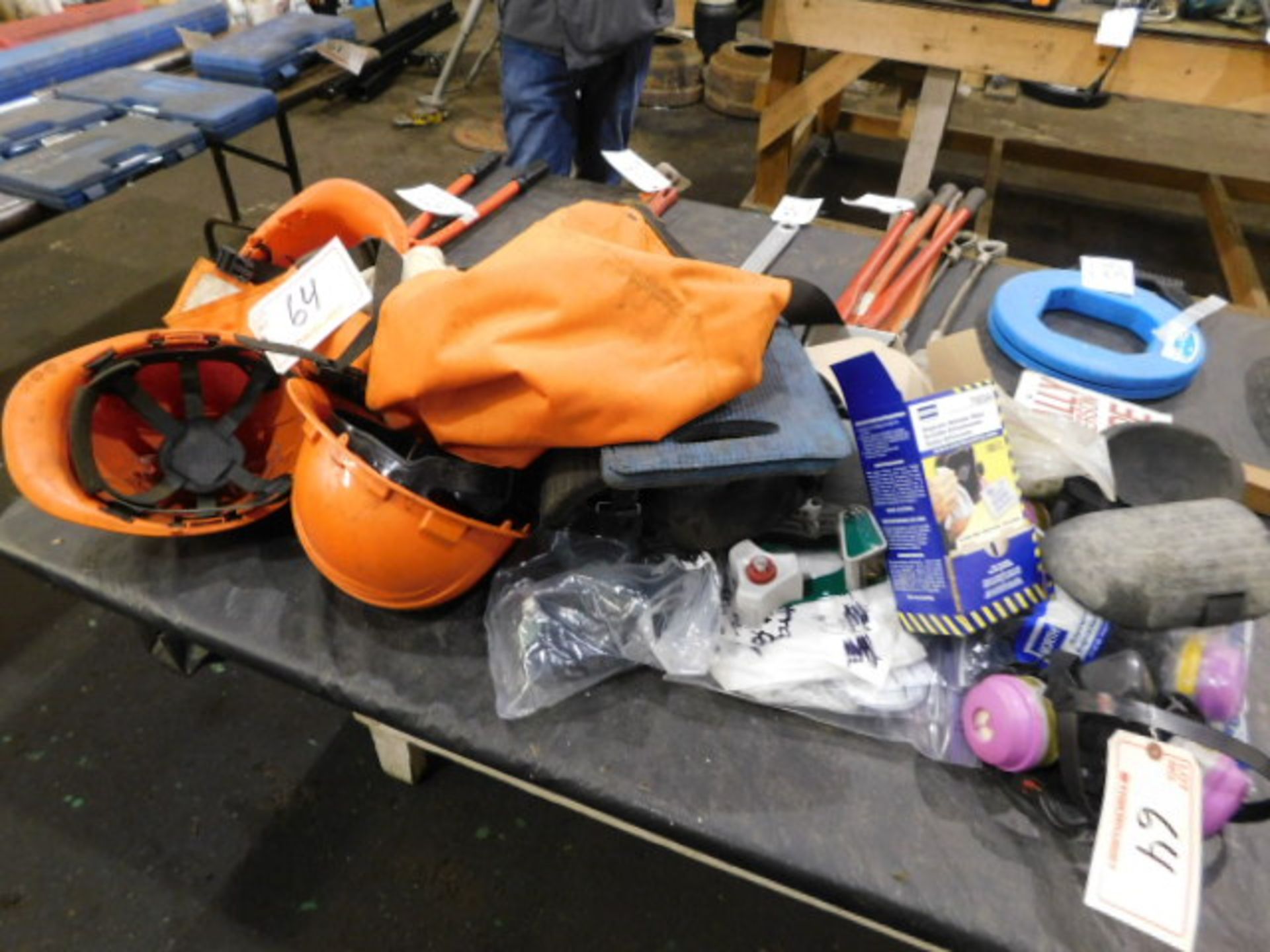 LOT OF SAFETY EQUIPMENT , HARD HATS, AIR FILTERS, MASKS, ETC.