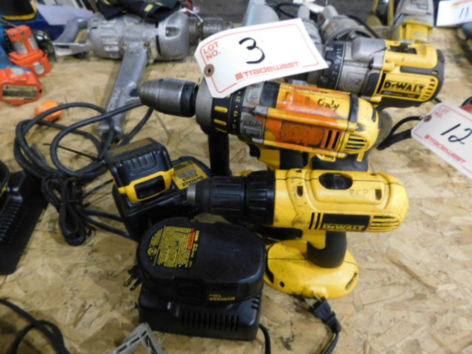 (3) DEWALT CORDLESS DRILLS, (2) 18V & (1) 20V; W/ BATTHERY/CHARGER