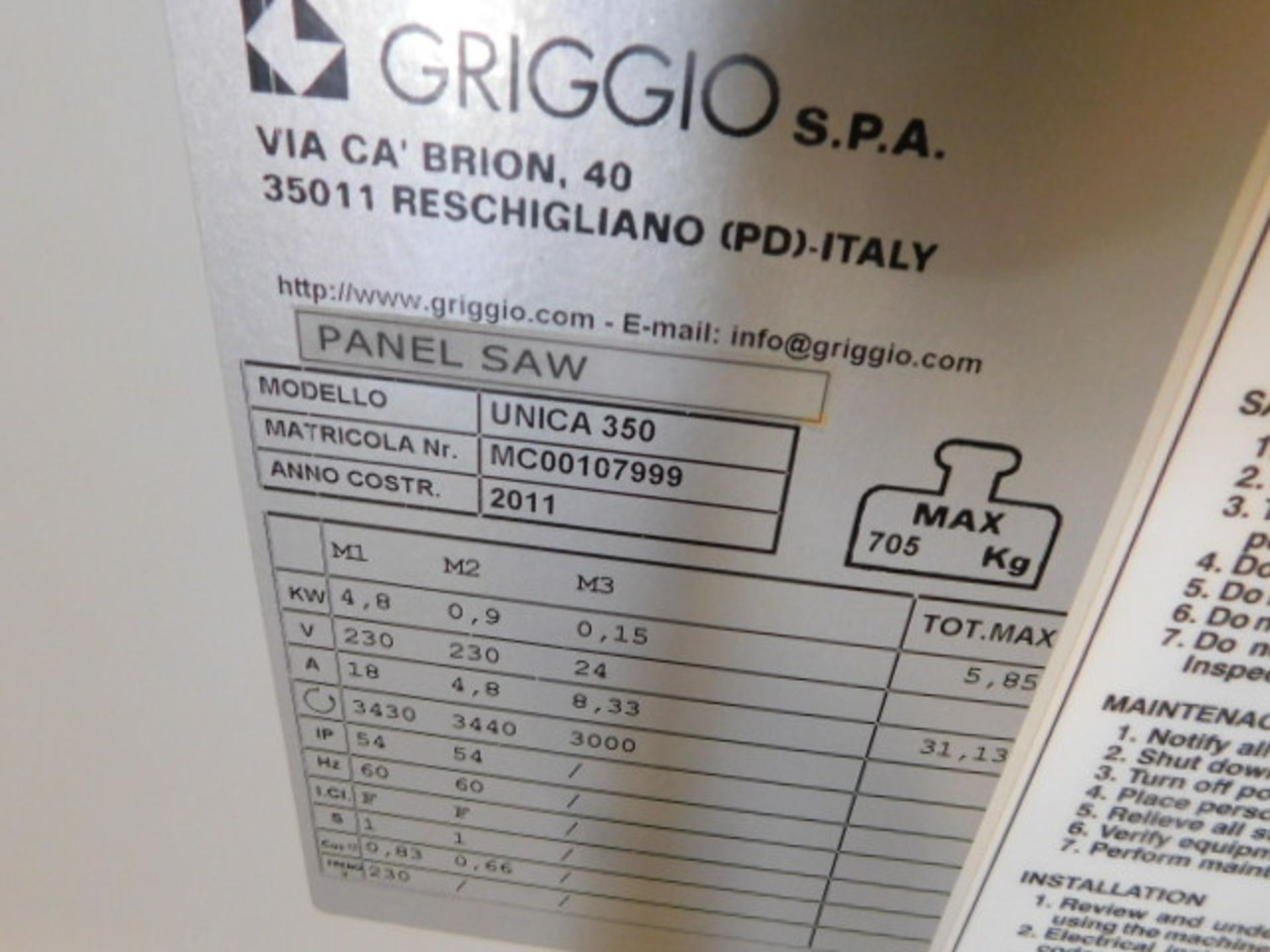 ’11 GRIGGIO UNICA 350 SLIDING PANEL SAW, 230V, 4.8KW, SIEMENS DRO CONTROLS, S/N MC00107 999 W/ - Image 4 of 4