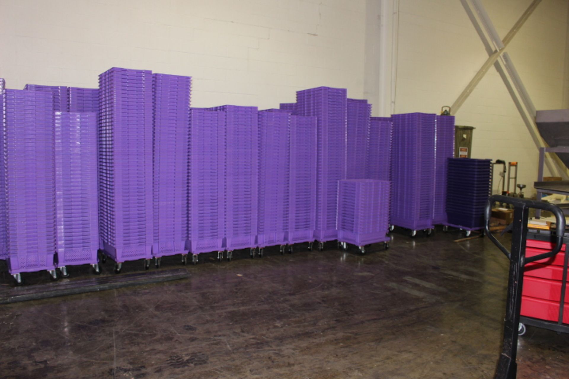 Lot of (3000) purple perforated holding trays 24" x 15" x 6.5" depth nesting trays with (170)