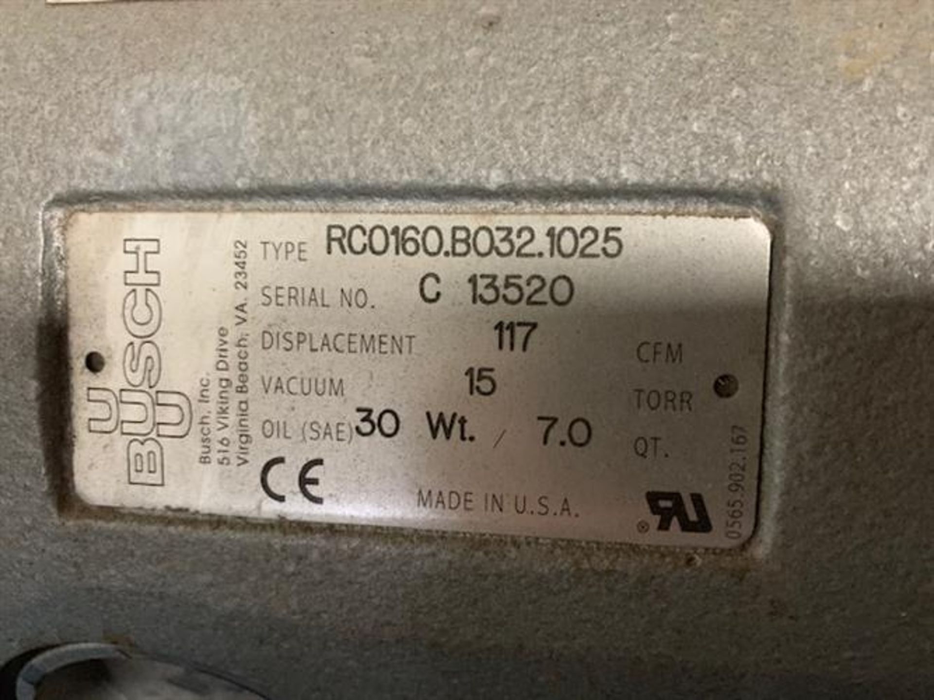 Busch RC0160.B032.1026 Vacuum Pump - Displacement 117 CFM - Vacuum 15 TORR - Serial No. C13520 - Image 9 of 13