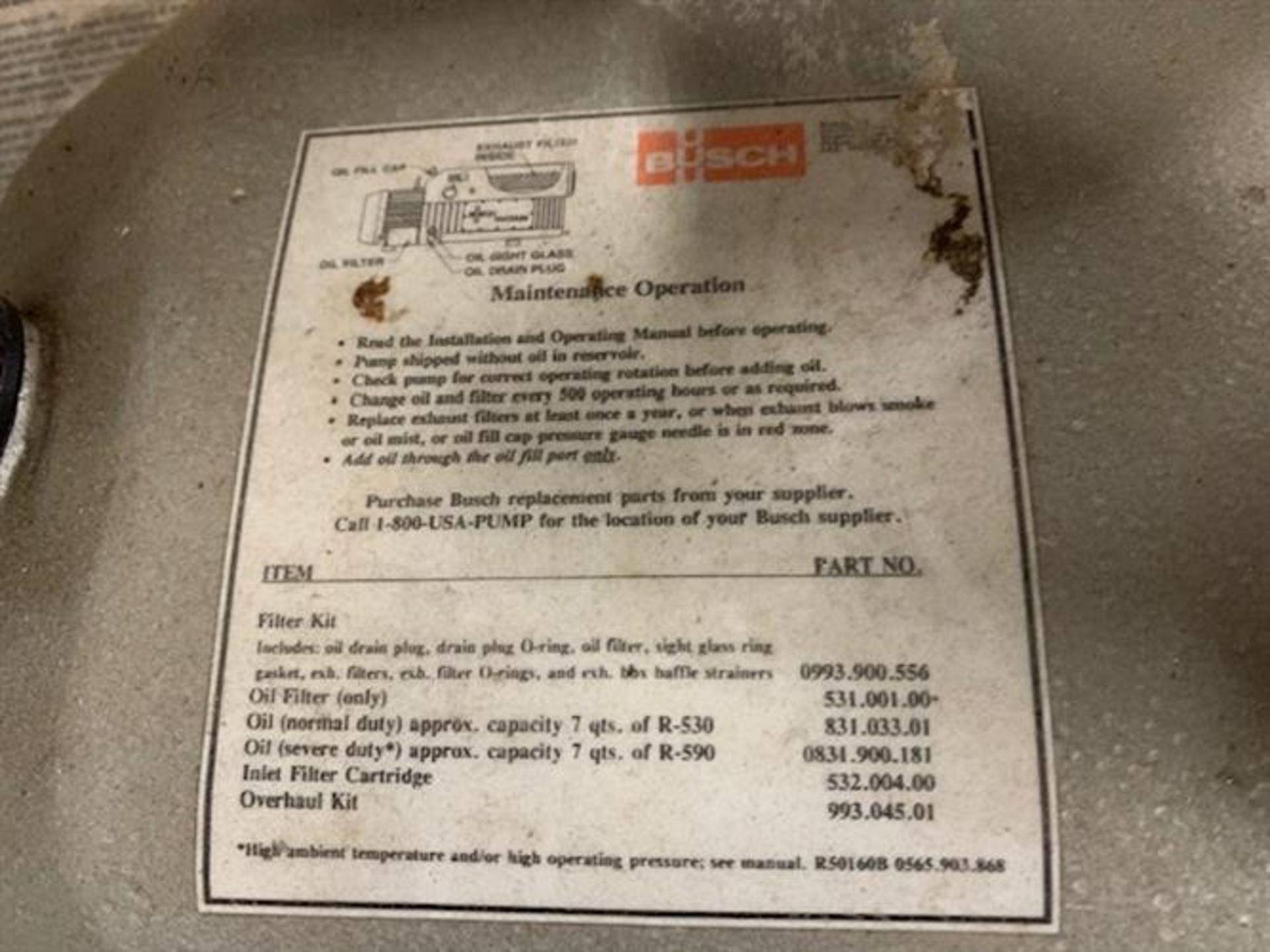 Busch RC0160.B032.1026 Vacuum Pump - Displacement 117 CFM - Vacuum 15 TORR - Serial No. C13520 - Image 10 of 13