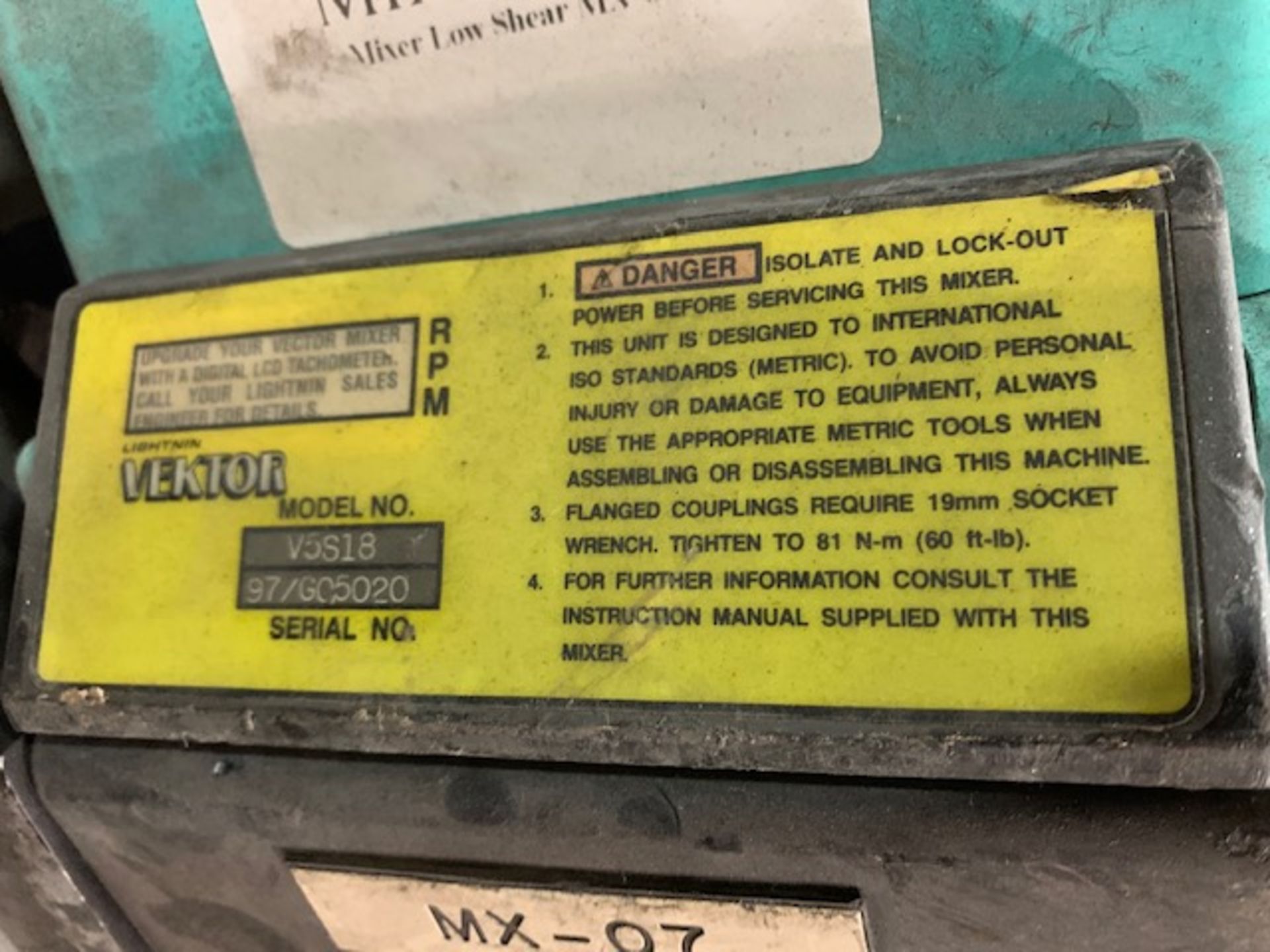 Lightnin Vektor model V5S18 Mixer 48" long shaft without propellor, 3/4 HP, 230 volts. Serial#97/ - Image 3 of 4