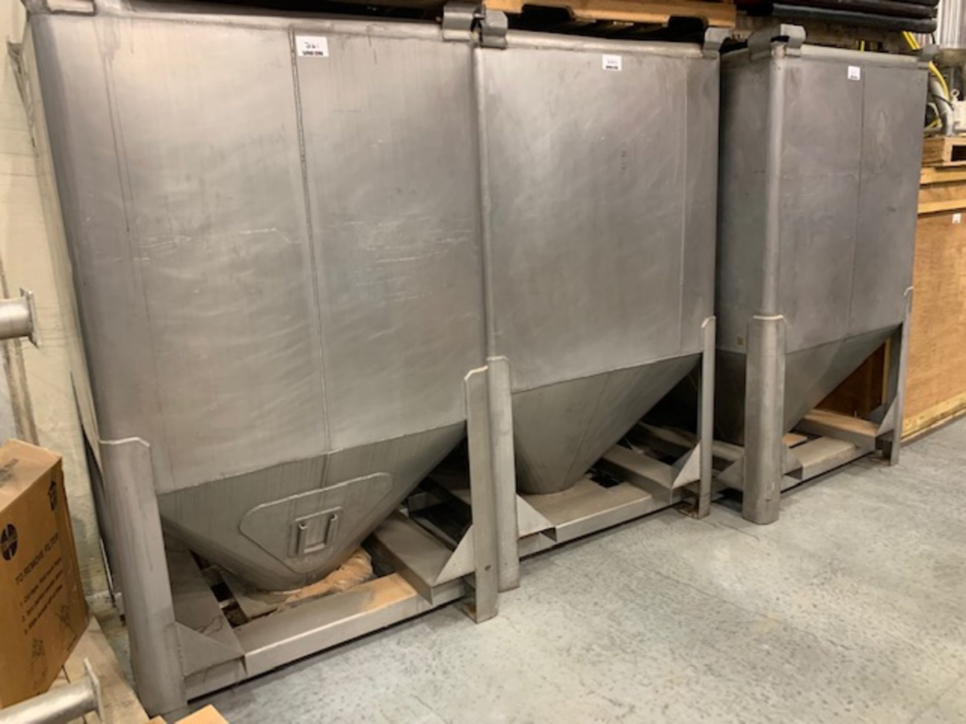 (1) Tote Bulk Handling Systems Stainless Steel Tote, 47" x 42" x 80" tall, approx 10" diameter