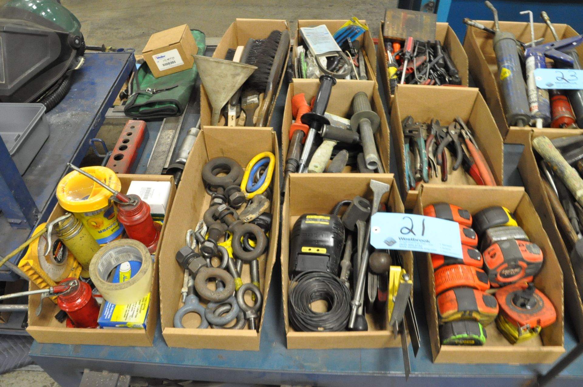 Lot- Tape Measures, Screwdrivers, Pliers, Brushes, Eye Bolts, Marking Crayons, Etc in (9) Boxes