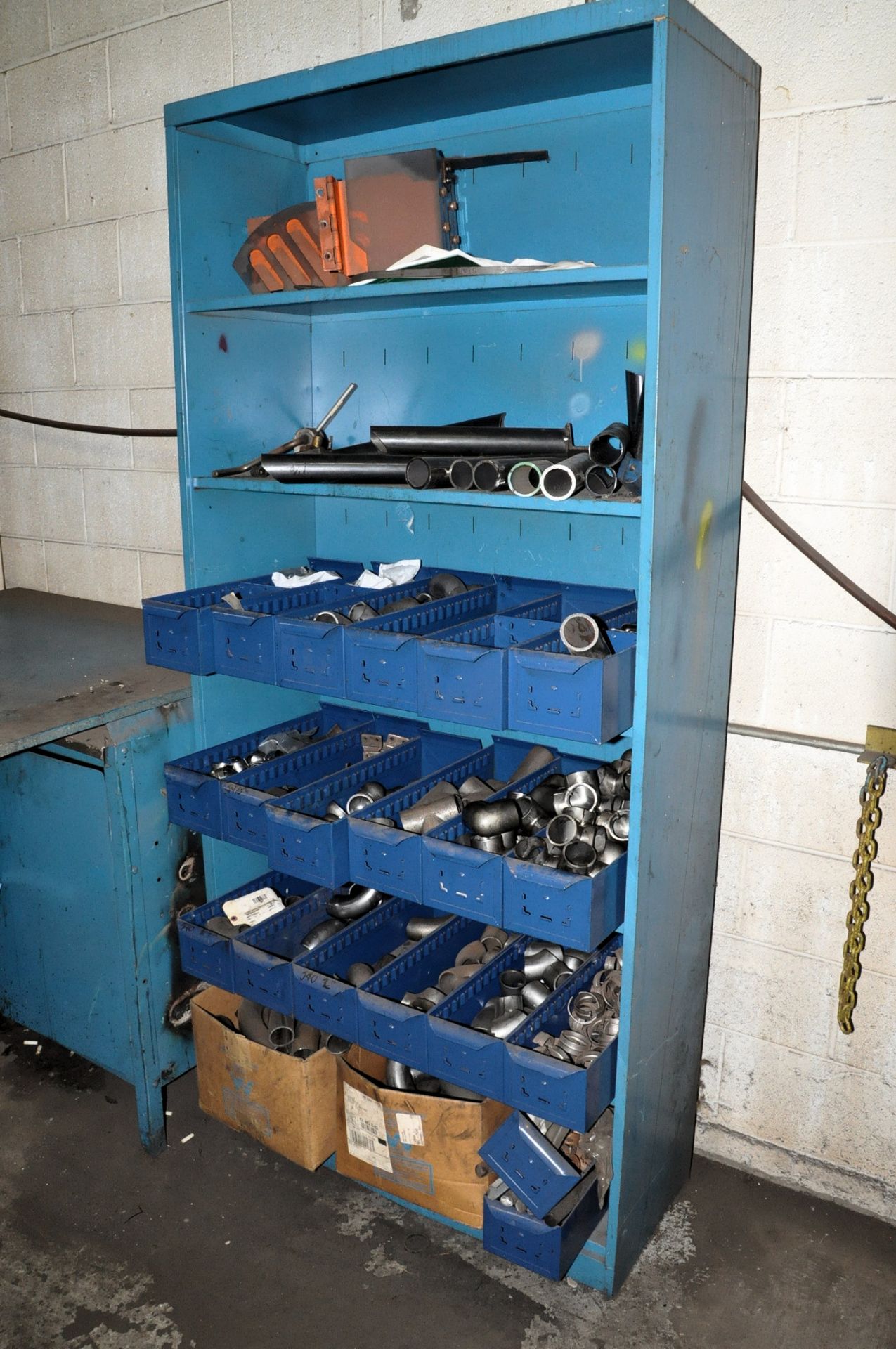 Lot-Shop Cabinet and (1) Section Shelving with Pipe Fitings Contents - Image 5 of 5