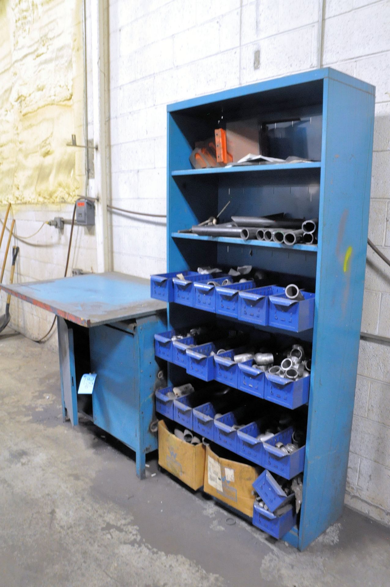 Lot-Shop Cabinet and (1) Section Shelving with Pipe Fitings Contents