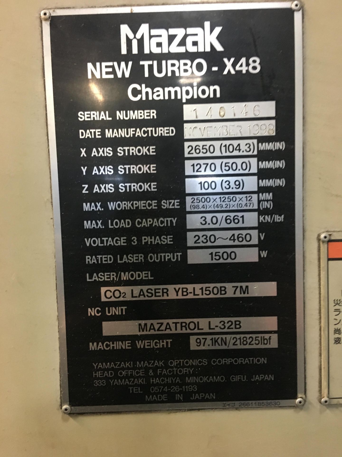 Mazak Model X-48 Champion Co2 Laser, 1500 Watt, 49" x 98" Capacity, Orion Chiller, 55,000 Hours - Image 9 of 10