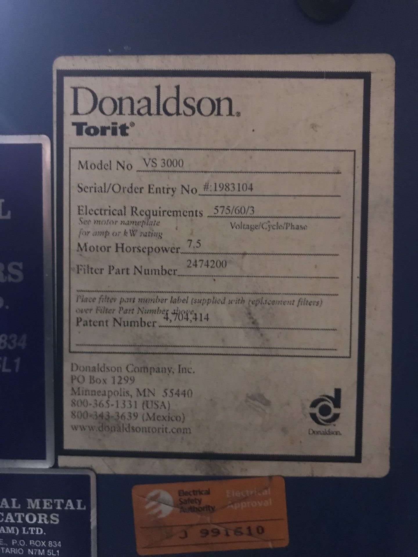 Donaldson Torit Dust Collector Model VS3000 Vibra Shake – Dual Bag, SN# 1983104 - Image 3 of 4