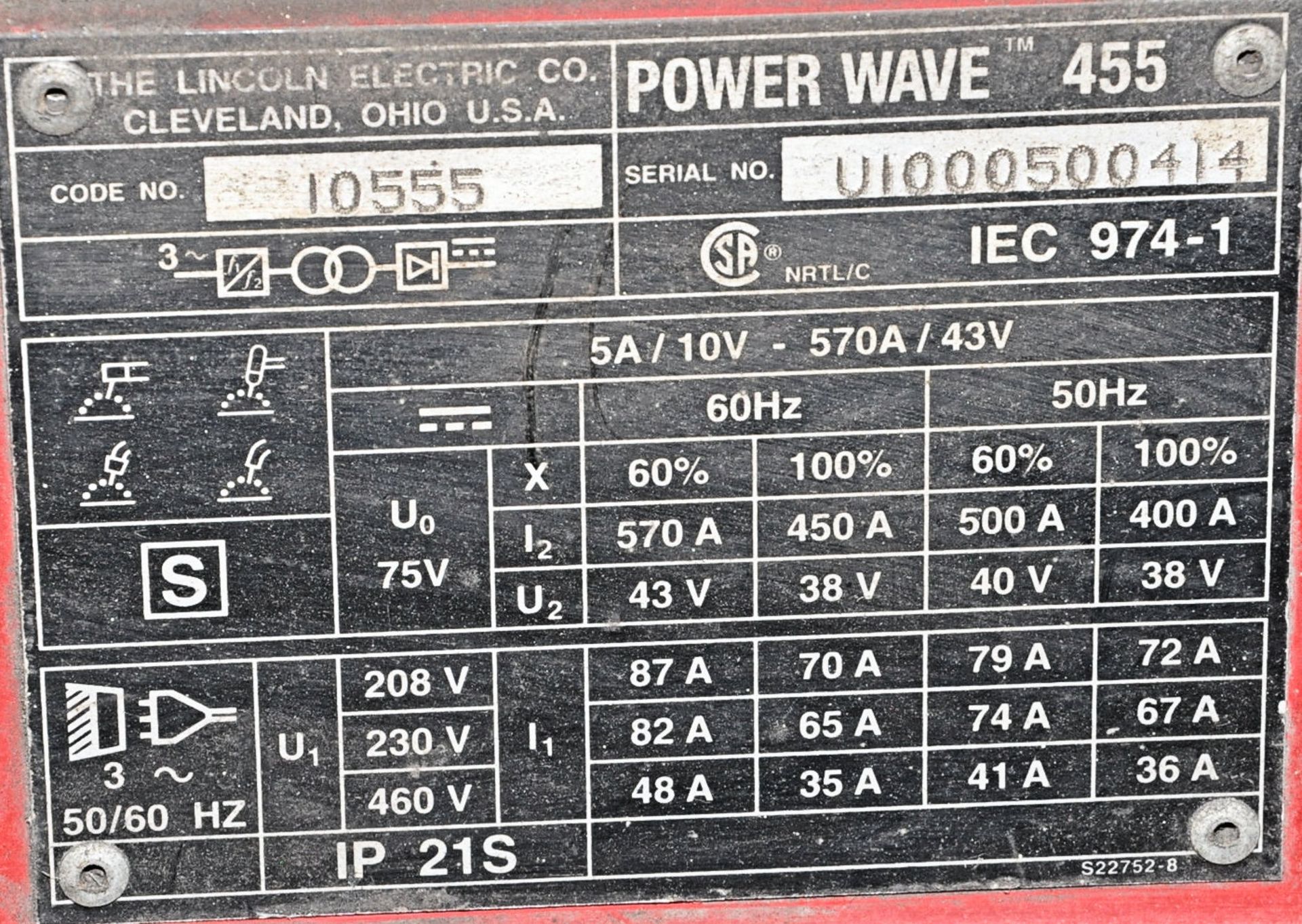 Lincoln Electric Power Wave 455, 450-Amp Capacity Arc Welding Power Source - Image 3 of 3