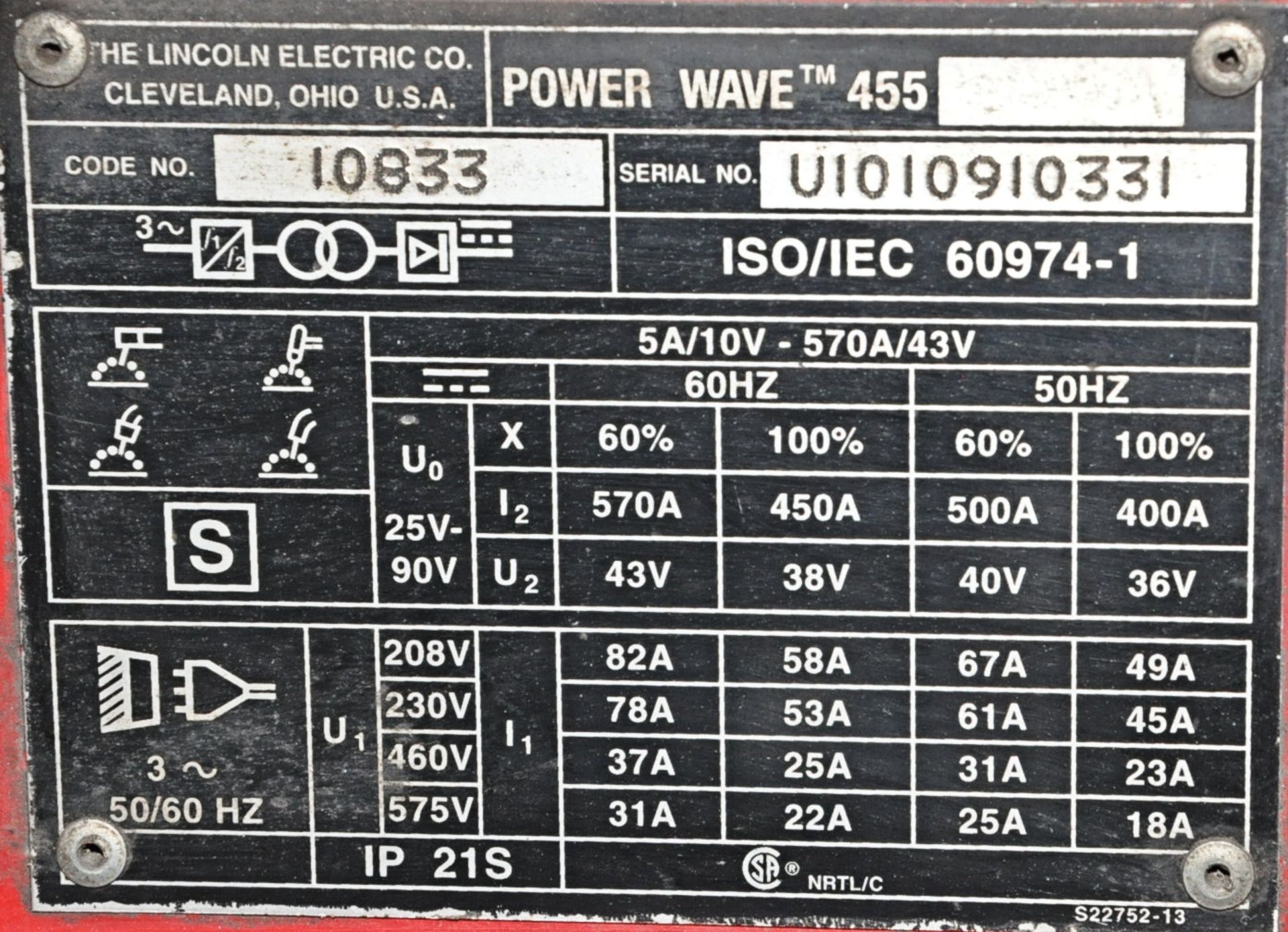 Lincoln Electric Power Wave 455, 450-Amp Capacity Arc Welding Power Source - Image 3 of 3