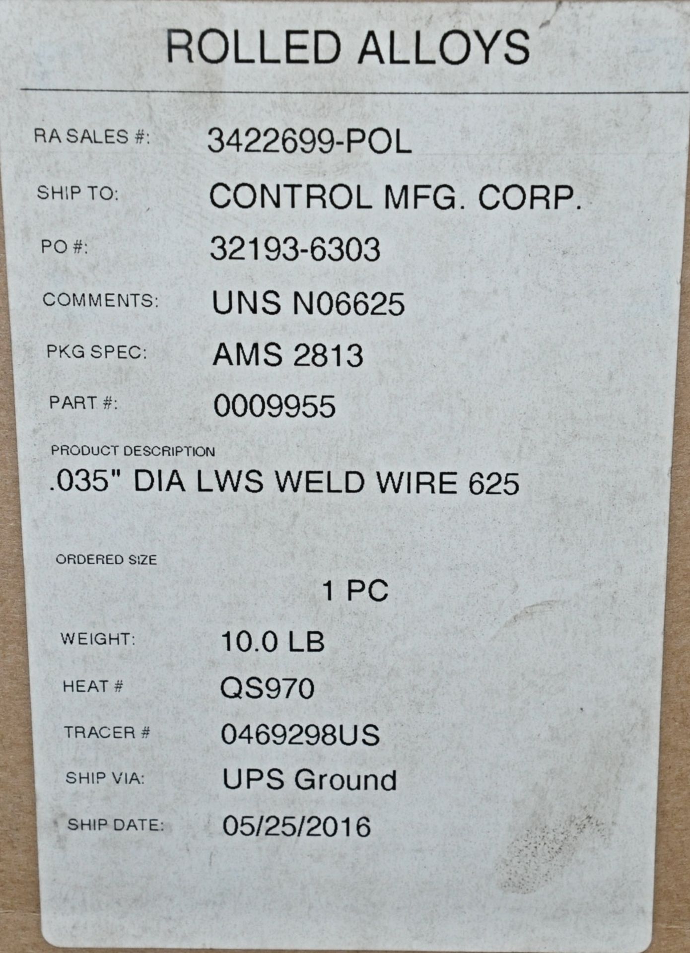 Packaged Spool of Rolled Alloys AMS 2813, .035:, Stainless Steel Welding Wire - Image 2 of 2