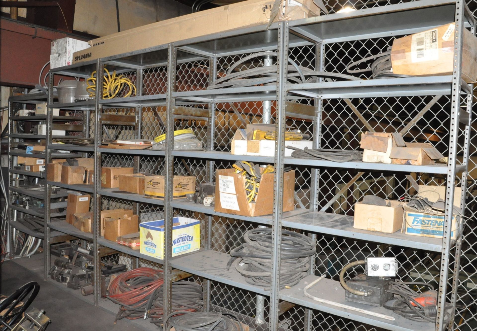 Lot-Machine Maintenance Parts, Hose, etc. on (5) Sections, (Shelving Not Included)