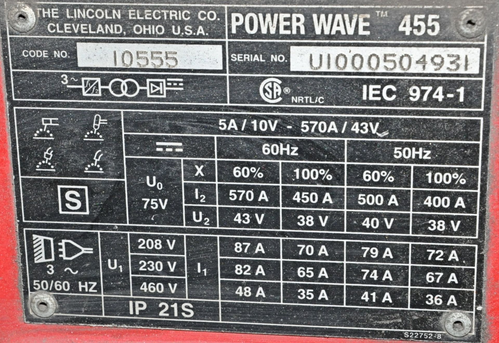 Lincoln Electric Power Wave 455, 450-Amp Capacity Arc Welding Power Source - Image 3 of 3