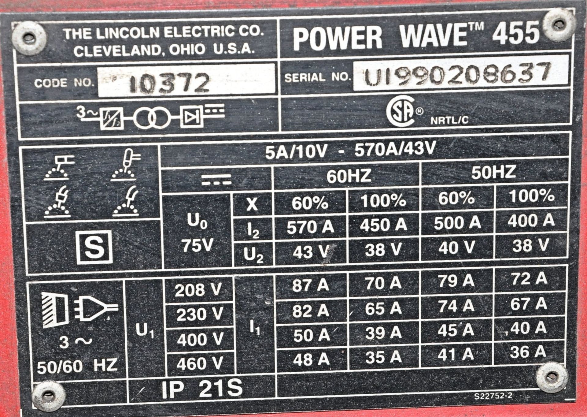 Lincoln Electric Power Wave 455, 450-Amp Capacity Arc Welding Power Source - Image 3 of 3