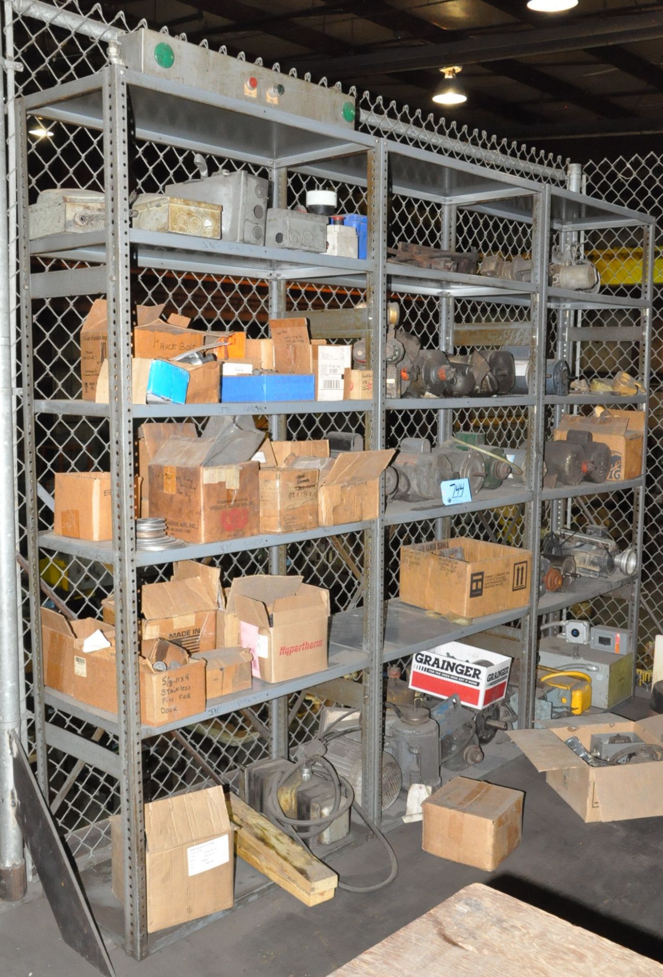 Lot-Wire, Copper Weld Pins, Motors, etc. on (6) Sections, (Shelving Not Included)