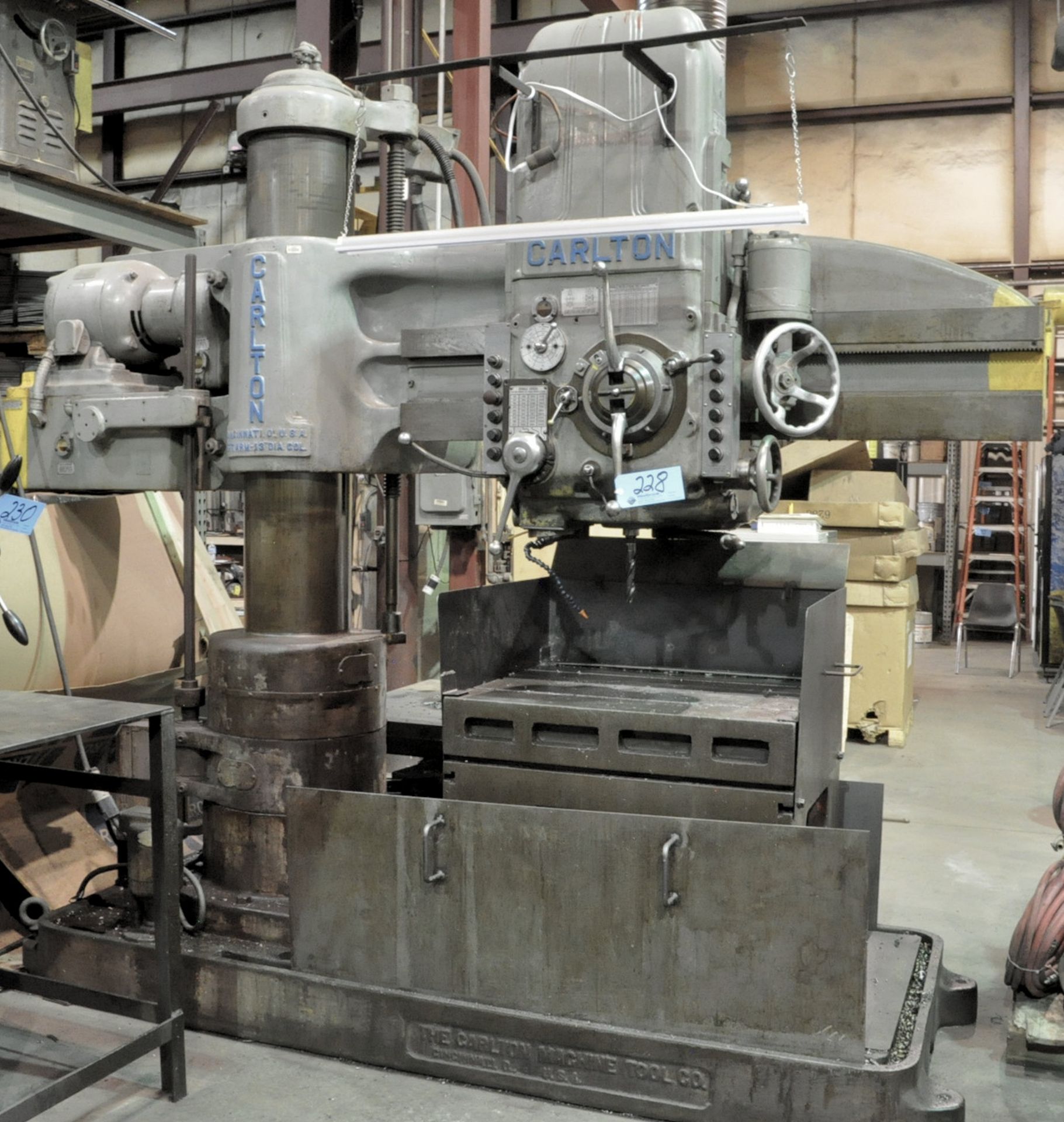 Carlton 60" Arm x 13" Diameter Column Radial Drill, 36" x 36" x 30" T-Slotted Box Table, Work Light